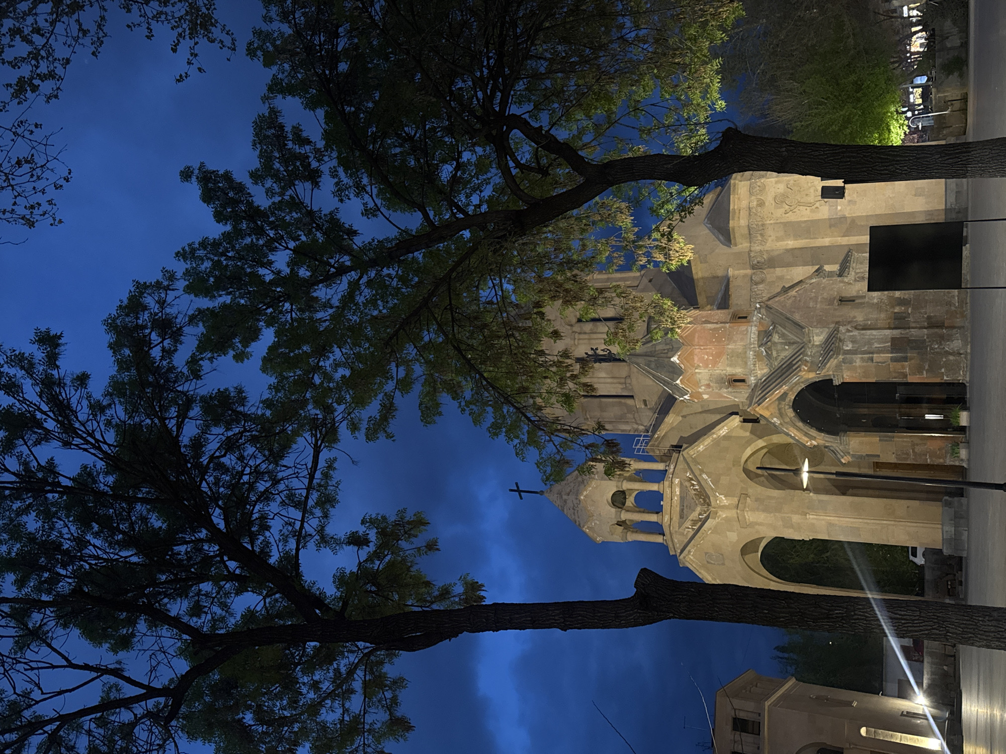 This image, taken at night or dusk in Yerevan, Armenia, features a historic stone church or monastery under a deep, dark blue sky with visible clouds.
The primary subject is a grand stone building exhibiting traditional Armenian architectural elements, including multiple arched entrances, a prominent bell tower capped with a cross, and a domed structure. The building's façade is illuminated by artificial lights, highlighting its textured stone work and intricate details, such as a carved rooster or bird figure visible on one of its walls.
Large trees with dense foliage frame the building and the sky, their dark silhouettes creating a natural border around the central structure. Their branches extend across much of the frame, with some leaves subtly catching light. Modern streetlights are also present, contributing to the scene's ambient illumination.
The scene conveys a sense of peacefulness and serenity, with no discernible human activity. The low light and dramatic contrast between the lit building and the dark sky emphasize the architectural beauty and historical significance of the structure within its urban setting. No visible text is present in the image.