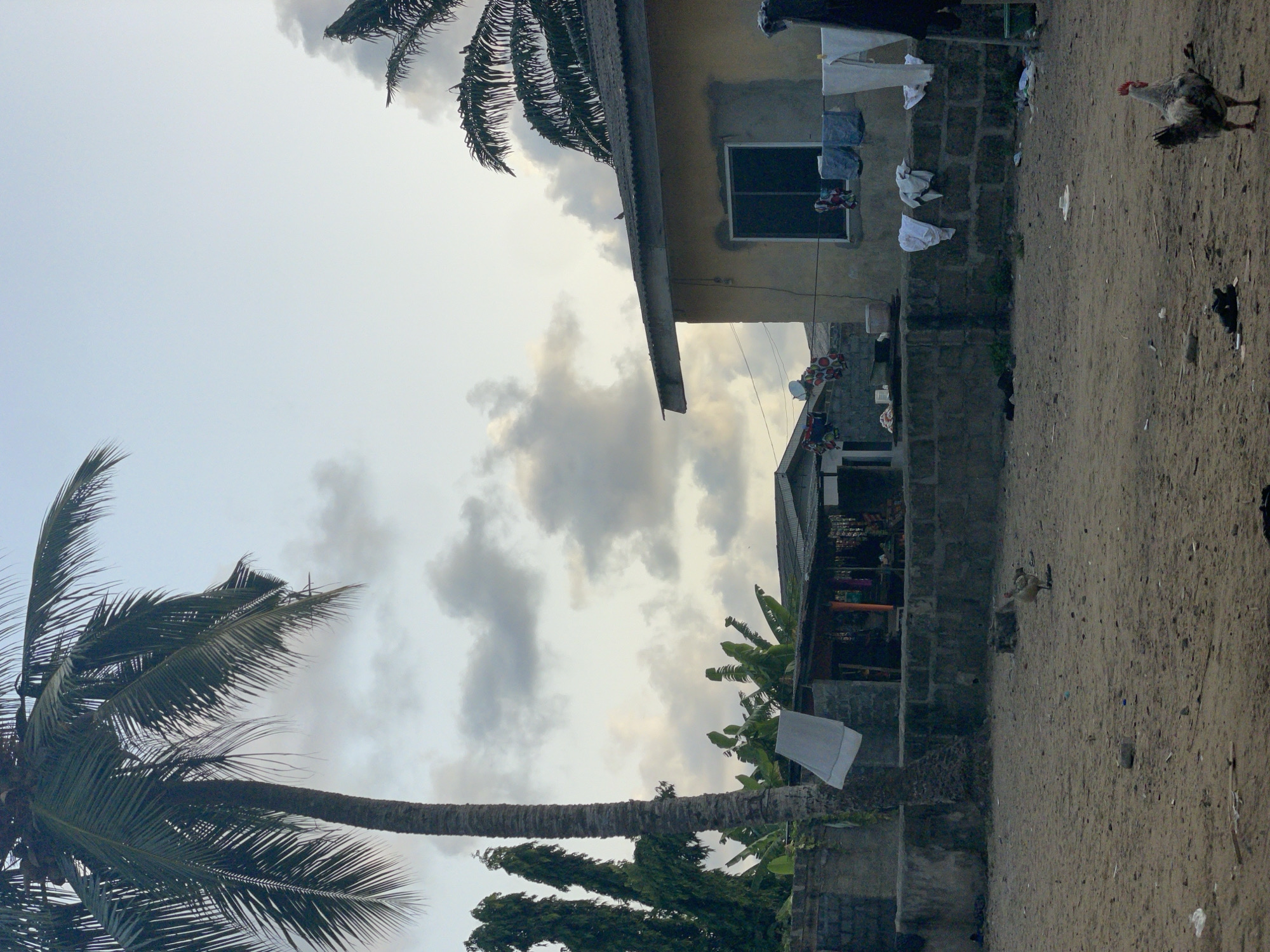 The image captures a street scene in Badagry, Nigeria. The landscape is characterized by sandy terrain, with structures including a multi-story building featuring visible laundry lines, a window and a roof overhang. Nearby, there's a one-story building that features clothing lines and satellite dishes. Scattered vegetation includes palm trees and other local flora. In the foreground, a chicken is visible on the sandy ground. The sky is overcast with cloud cover.