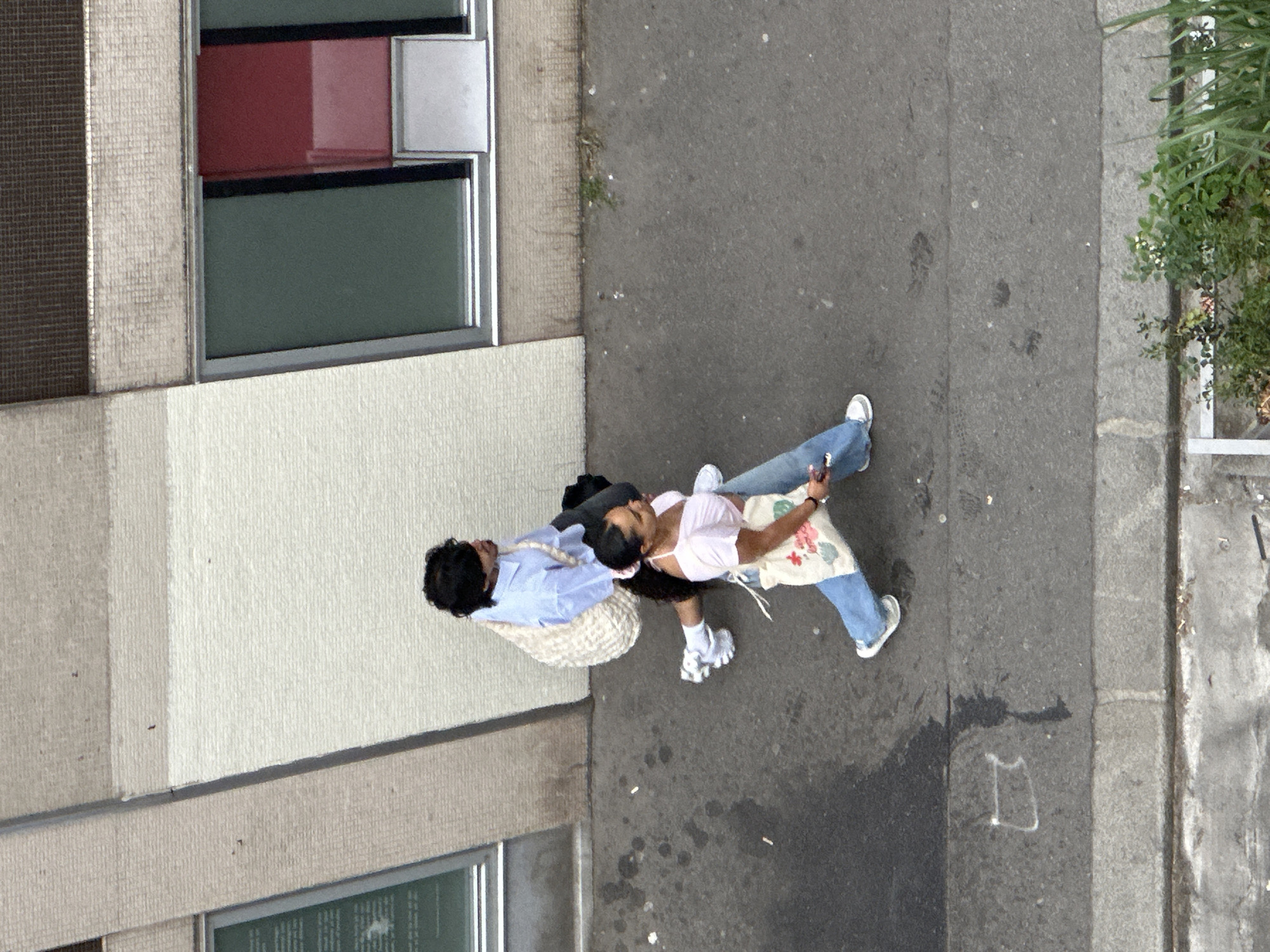 An overhead photograph, taken from a high vantage point, depicts two individuals walking on a paved surface next to a building in an urban setting, likely Paris, France.
The person on the left has dark, curly hair and wears a light blue long-sleeved shirt, carrying a large, light-colored woven or straw bag on their shoulder. The second person, slightly ahead and to the right, has dark hair tied back, wearing a light pink sleeveless crop top, blue jeans, and white chunky sneakers. They carry a cream-colored tote bag adorned with a colorful floral and fruit pattern, resembling strawberries, and are holding a smartphone in their right hand.
They are walking on a dark grey asphalt or concrete surface, which shows some minor stains and marks. To their left is a light-colored building facade with various textures and several rectangular windows. Some windows feature red-tinted glass panels, while others appear to have dark grey-green tinting. To the right of the individuals, a narrow strip of greenery, consisting of small bushes and plants, is visible along the edge of the paved area, likely in a planter or garden bed. The lighting suggests daytime, possibly overcast, with soft or indistinct shadows. No discernible text is clearly visible on the building or pavement, although the tote bag has an illegible brand or design text alongside its floral motif.