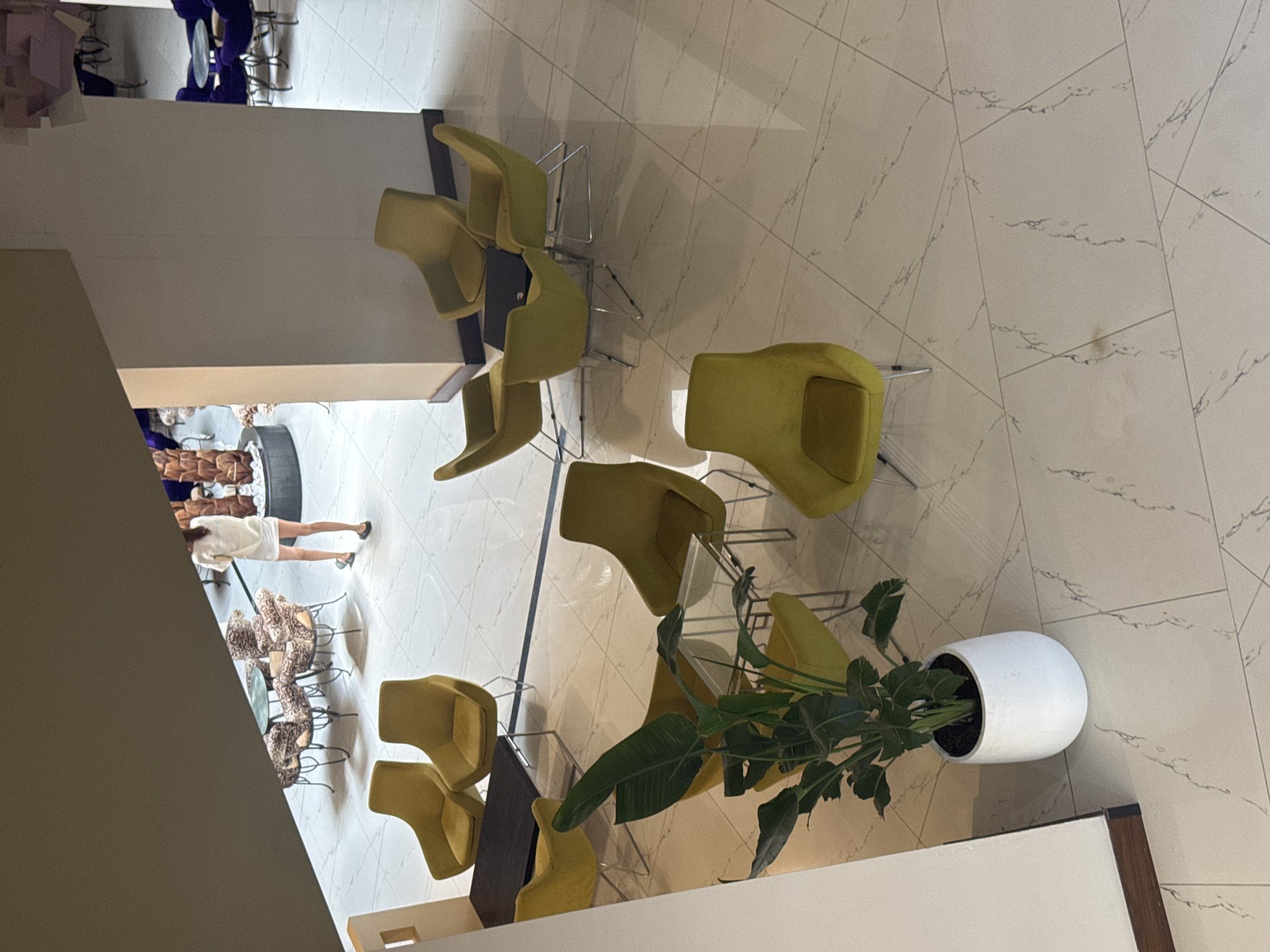 The image captures an indoor public space, likely a hotel lobby or lounge, with a focus on seating arrangements and a potted plant. In the foreground, a large potted plant with broad green leaves sits on a light-colored, marble-tiled floor. To the right of the plant, several lime-green armchairs are arranged around a glass-top coffee table with a metal frame. Further back, more lime-green armchairs are grouped around a dark rectangular table, and additional chairs of the same color are visible in the midground and background. In the upper midground, a woman wearing a white dress and dark sandals walks away from the camera, her back to the viewer. She is in the vicinity of a seating area with patterned armchairs and a round glass-top table. The overall environment appears clean and modern, with light walls and a neutral color palette dominated by beige, white, and the vibrant lime green of the furniture. The scene is illuminated by what appears to be natural light, suggesting a daytime setting. There is no indication of the city of Aksu, Turkey within the image itself.