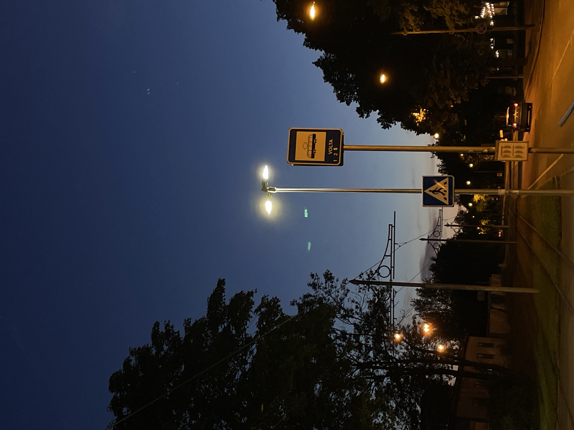 The image depicts a street scene in Tallinn, Estonia, during twilight. The sky is a deep blue, fading to lighter hues near the horizon. Silhouettes of trees line the right side of the street, and a few streetlights are illuminated, casting warm yellow and white light.
In the foreground, a tram track runs along the left side of the image. A sign with a pictogram of a tram and the text "VOLTA 1 2 5" is visible, indicating a tram stop. Another sign below it shows a pedestrian crossing symbol.
Further down the street, a car is driving away from the camera, its taillights illuminated. More streetlights and building lights are visible in the distance, creating a sense of depth. A few power lines and poles are also present, suggesting the presence of public transportation infrastructure. The overall atmosphere is calm and quiet, characteristic of a city street at dusk.