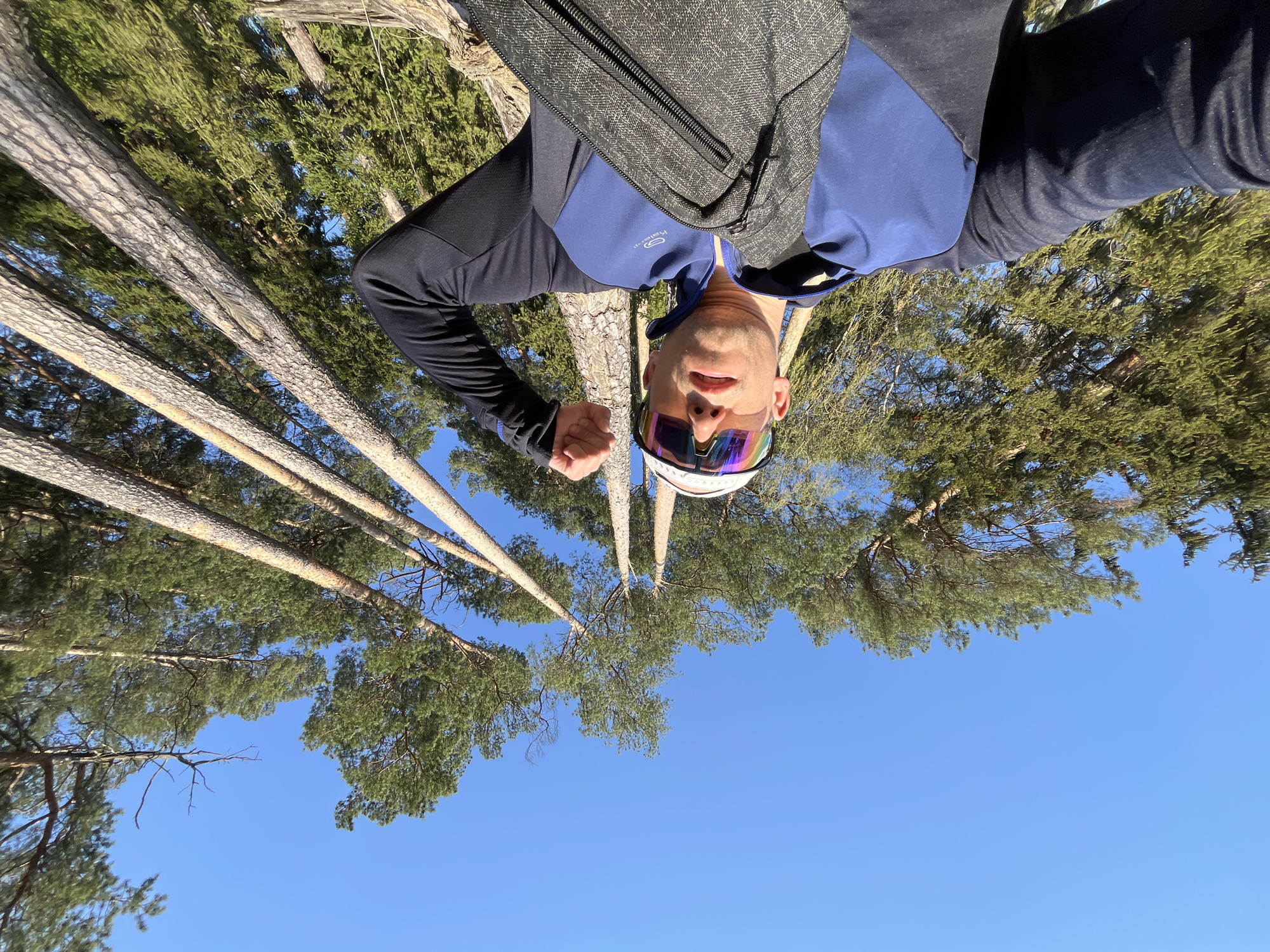 A man takes a selfie in a forest in what is likely Chaikovsky, Russia, due to the presence of pine trees common to the region. He is wearing sunglasses and a jacket with blue and black fabric, and a backpack is visible over his right shoulder. He is looking into the camera with his fist raised. Tall pine trees rise towards the top of the frame, their green needles forming a canopy against a clear blue sky.