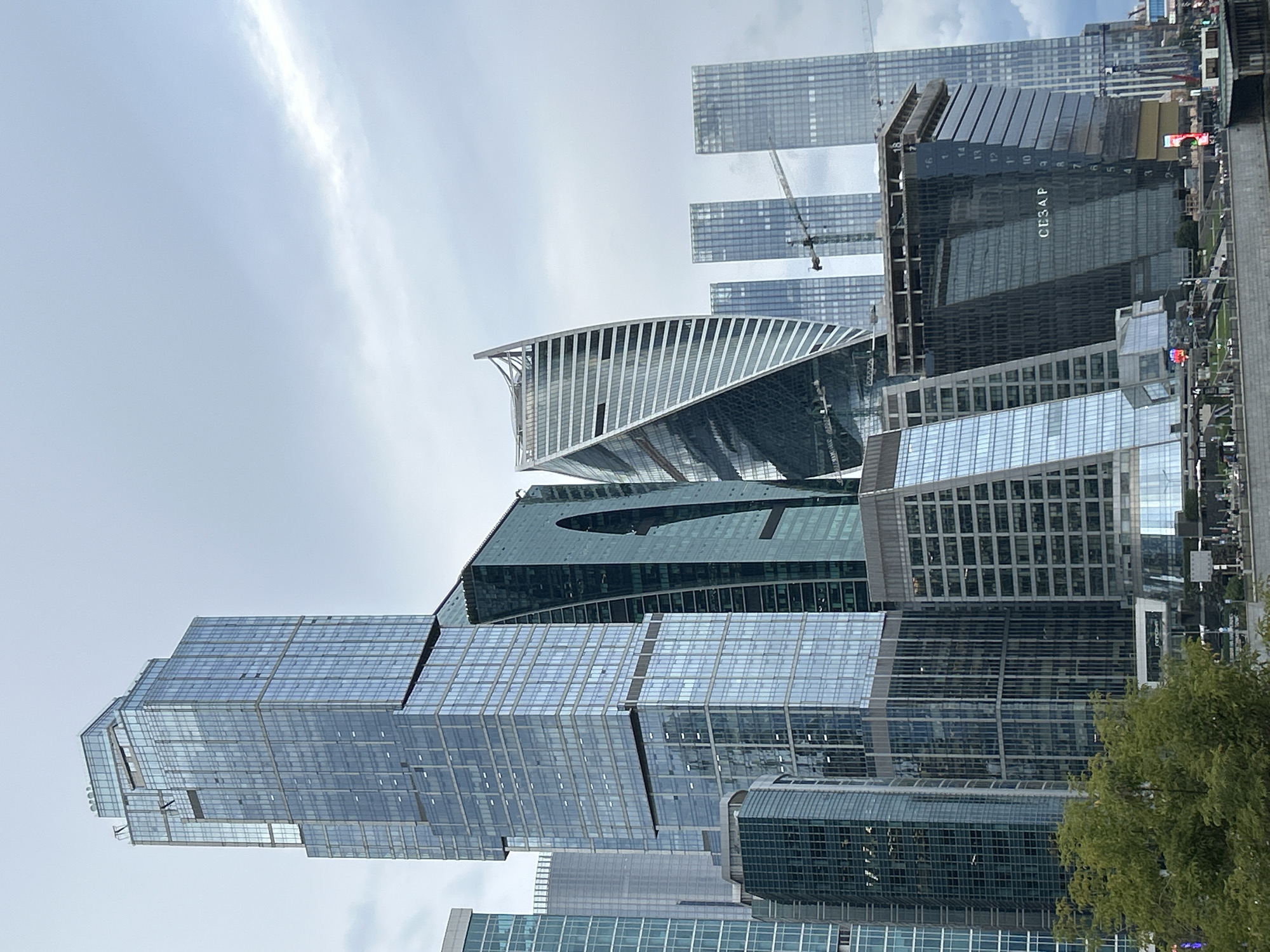 The image captures a cluster of modern skyscrapers in Moscow, Russia, specifically the Moscow International Business Center, commonly known as Moscow City. The buildings are characterized by their glass facades and varied architectural designs, reflecting the overcast sky. In the foreground, a portion of a green tree is visible. The buildings exhibit a mix of completed structures and those under construction, indicated by visible scaffolding and incomplete upper levels on some. One building prominently displays the illuminated signage "CESAP". The overall scene depicts an urban landscape dominated by contemporary architecture.