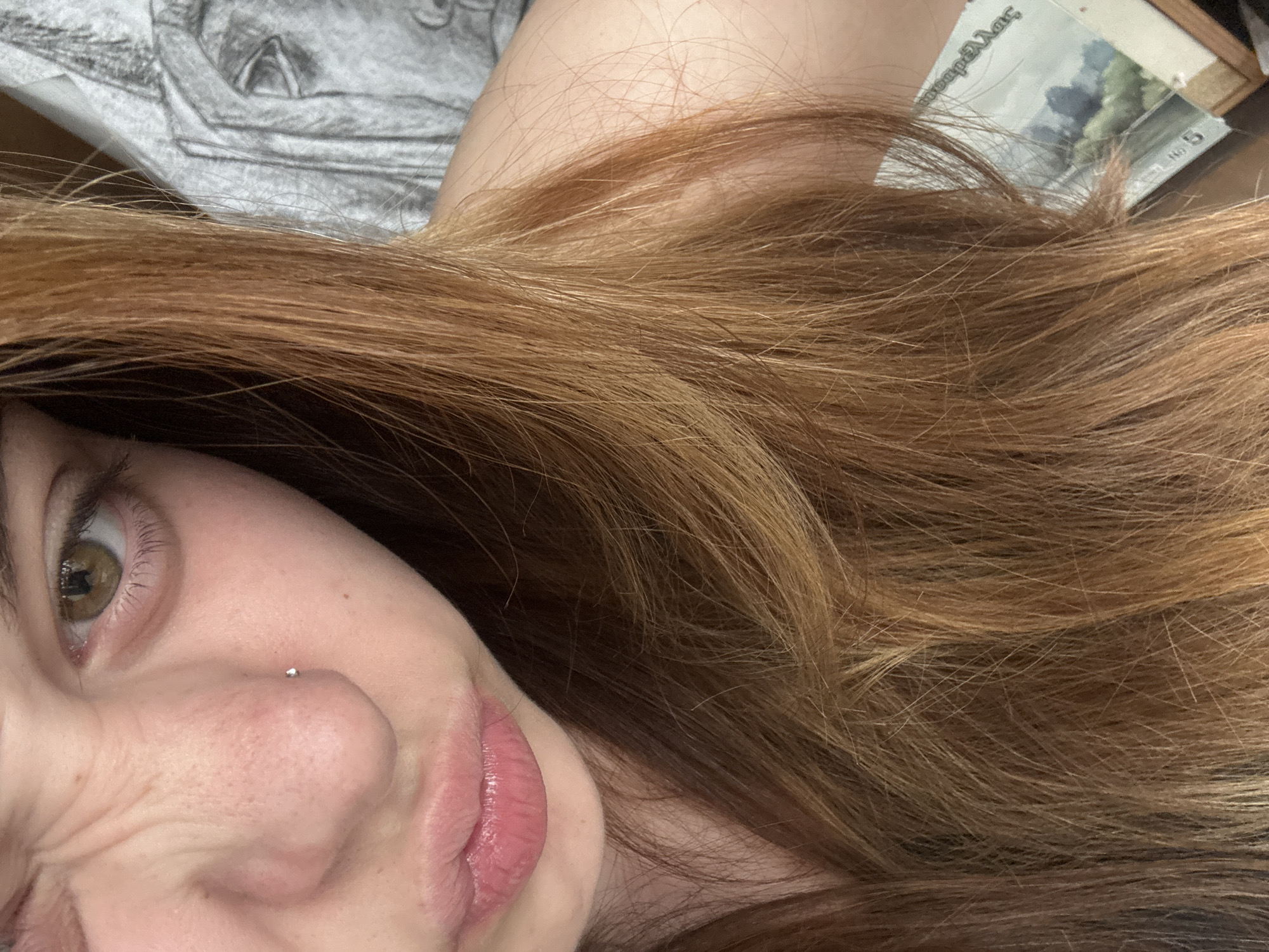 The image presents an angled, close-up portrait of a person, predominantly featuring their long, reddish-brown hair. The visible portion of the face includes a hazel eye, the right side of the nose adorned with a small silver stud piercing, and the lips, which are a natural pink shade with a glossy finish. Subtle freckles are visible on the nose and adjacent skin. The person's expression appears candid and relaxed, possibly with a slight playful crinkle around the nose and eye.
In the blurred background, behind the person's head and hair, several objects are partially visible. To the upper left, a monochrome drawing or sketch, likely charcoal or pencil, depicts a draped figure or abstract form. To the upper right, partially obscured by hair, is a small rectangular object, resembling a postcard or miniature painting, showcasing a landscape scene with mountains, a body of water, and a light sky. On this object, partially visible Greek text reads "οῦμπελλος" and "No 5". A small segment of what appears to be a dark, possibly wooden, frame is also visible near this landscape picture. The setting suggests a casual, indoor environment. No specific time of day or weather can be determined from the image.