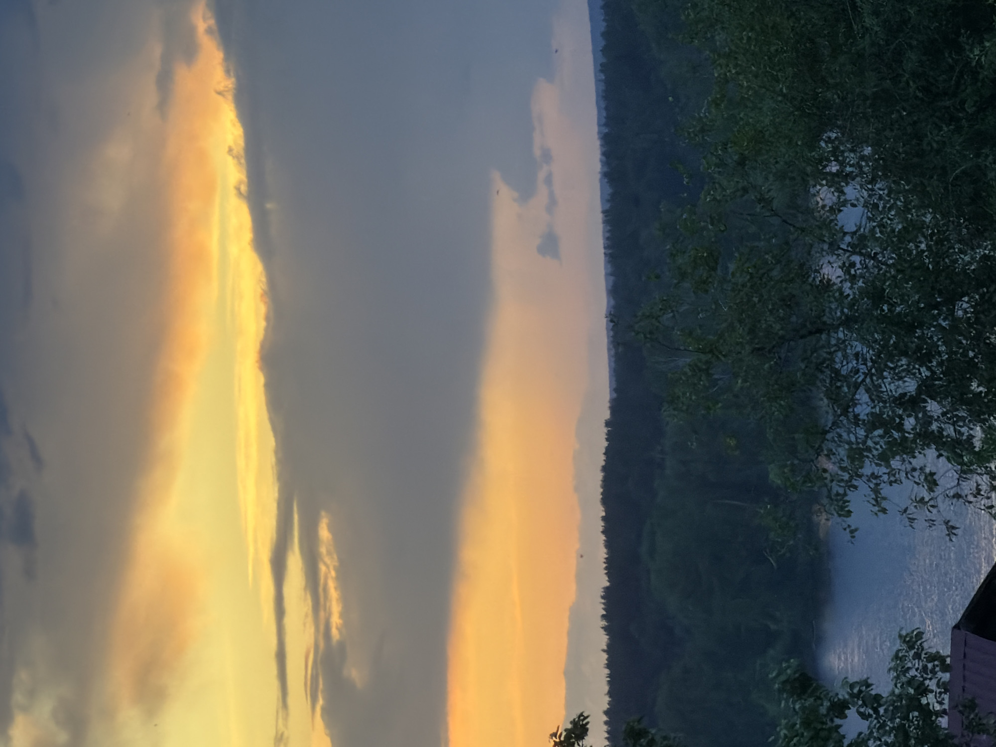 The image captures a twilight or dawn scene, potentially near Chaikovsky, Russia, given the presence of a body of water bordered by a dense forest. The sky is divided by a significant weather pattern; on the left, dark, overcast clouds dominate, contrasting sharply with a vibrant golden and orange hue lighting up the right side of the sky, suggesting the location of the sun. This creates a dramatic light gradient. The forest appears lush and densely packed, with various shades of green, indicating different species of trees or different levels of sunlight exposure. A body of water (likely a river or large lake) lies next to the forest, reflecting the sky's colors. In the lower right corner, parts of buildings are visible through tree branches, suggesting a built environment within close proximity to the water and forest. No people are visible in the image.