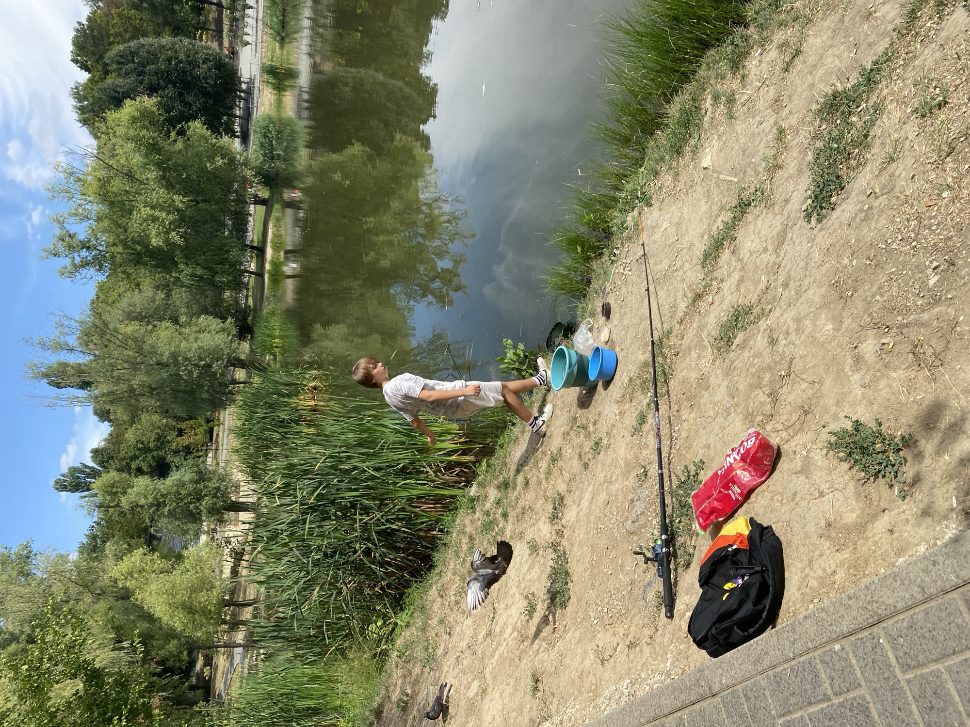 A young male, appearing to be around 10-12 years old, is standing on a grassy bank next to a body of water. He is wearing a grey t-shirt and shorts, and is looking towards the water. In front of him, on the bank, are two blue buckets and a fishing rod. There are also a black backpack and a red item, possibly a towel or bag, lying on the ground near the fishing rod. Two pigeons are on the bank, one of which is in mid-flight. The background shows a dense line of tall green reeds bordering the water, with a treeline and a blue sky with white clouds visible beyond. The scene is set in a park environment with paved walkways in the foreground. Based on the visual elements, the location appears to be a park in Chișinău, Moldova, likely a public park with a pond or lake used for recreation.