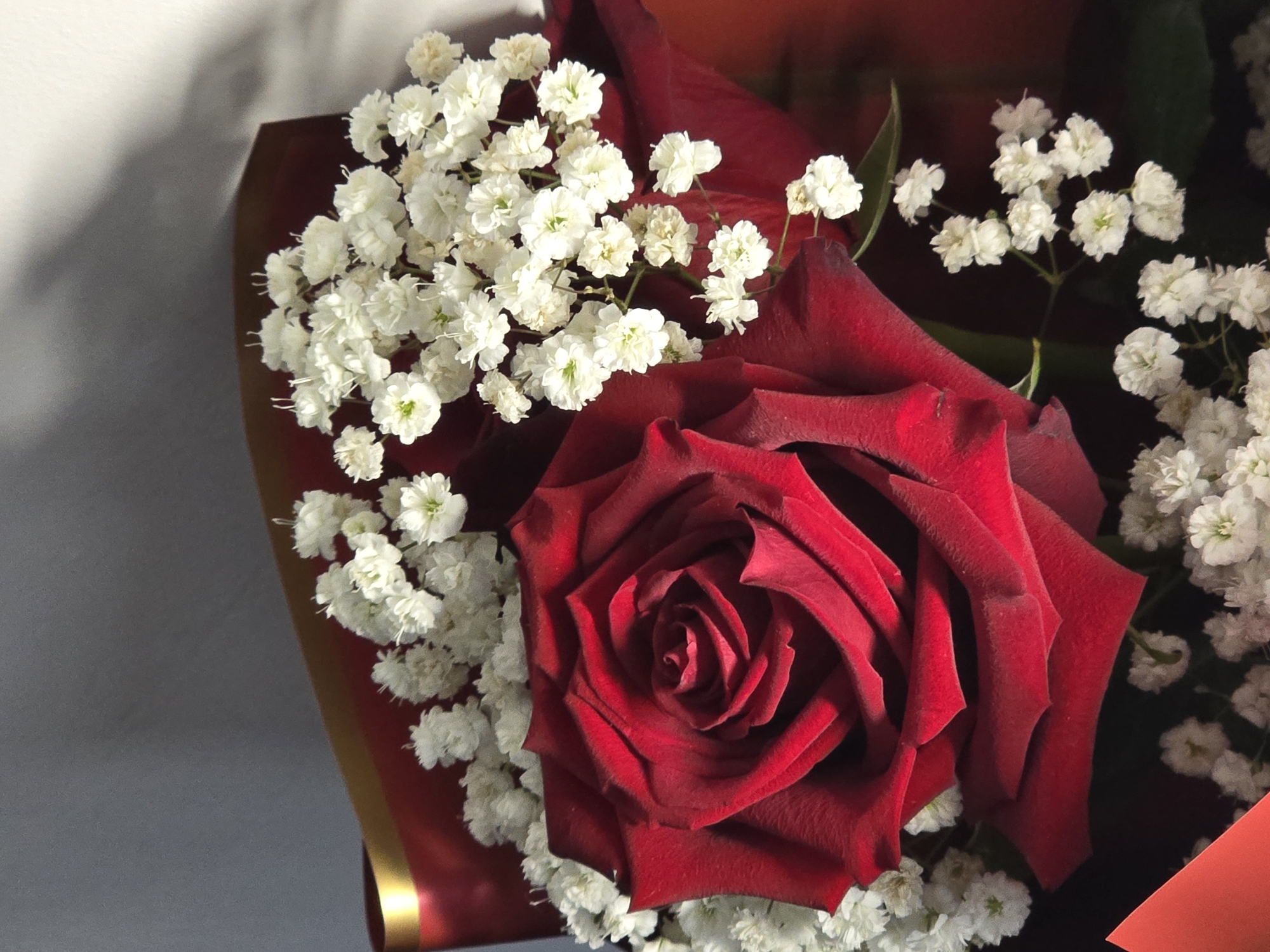 A close-up shot features a dark red rose surrounded by clusters of small white flowers, likely baby's breath. The bouquet is partially wrapped in material that appears to be dark red or burgundy with a gold accent along the edge. The backdrop is a mix of light and shadow, suggesting an indoor setting under artificial lighting. No people are visible.