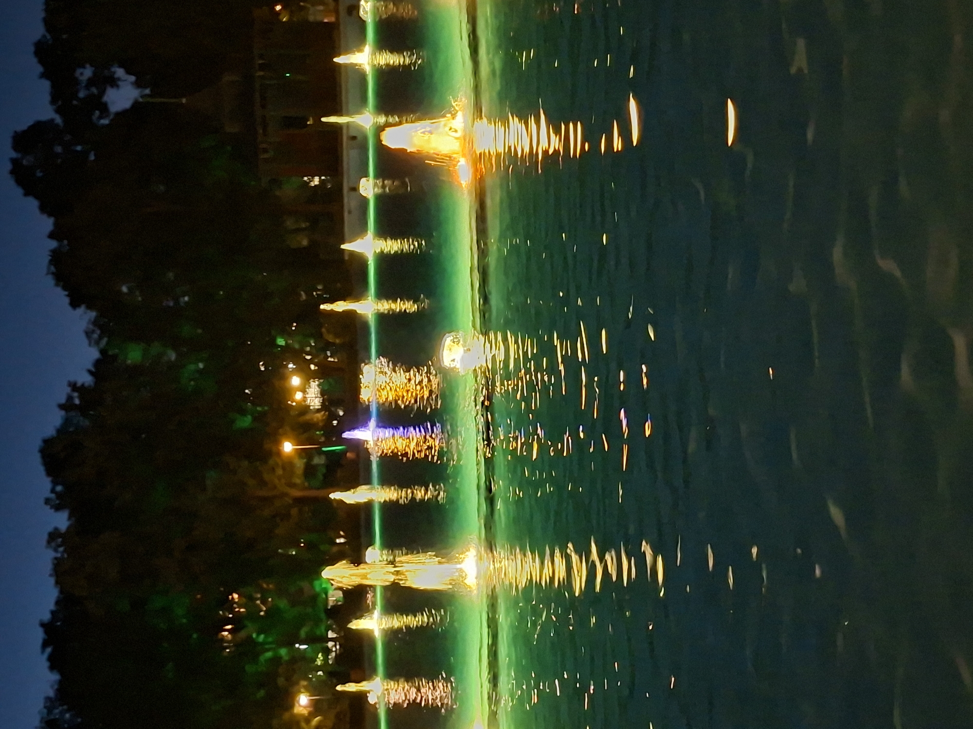 This image captures a nighttime scene at the Singing Fountains in Plovdiv, Bulgaria. The primary focus is on a large body of water with multiple illuminated fountains actively spraying water. The water itself is colored with a vibrant green hue, likely from underwater lighting. The fountains are lit with various colors, predominantly yellow, orange, and hints of blue and purple, creating bright reflections on the water's surface. The reflections are elongated and distorted due to the movement of the water, forming streaks of light.
In the background, silhouetted trees form a dark canopy against a deep blue night sky. Scattered among the trees are streetlights with warm yellow illumination. To the right side of the image, a portion of a building with a conical roof and intricate architecture is visible, also illuminated. The overall atmosphere is serene and visually striking, highlighting the interplay of light and water in a park-like setting. There are no people visible in the frame.