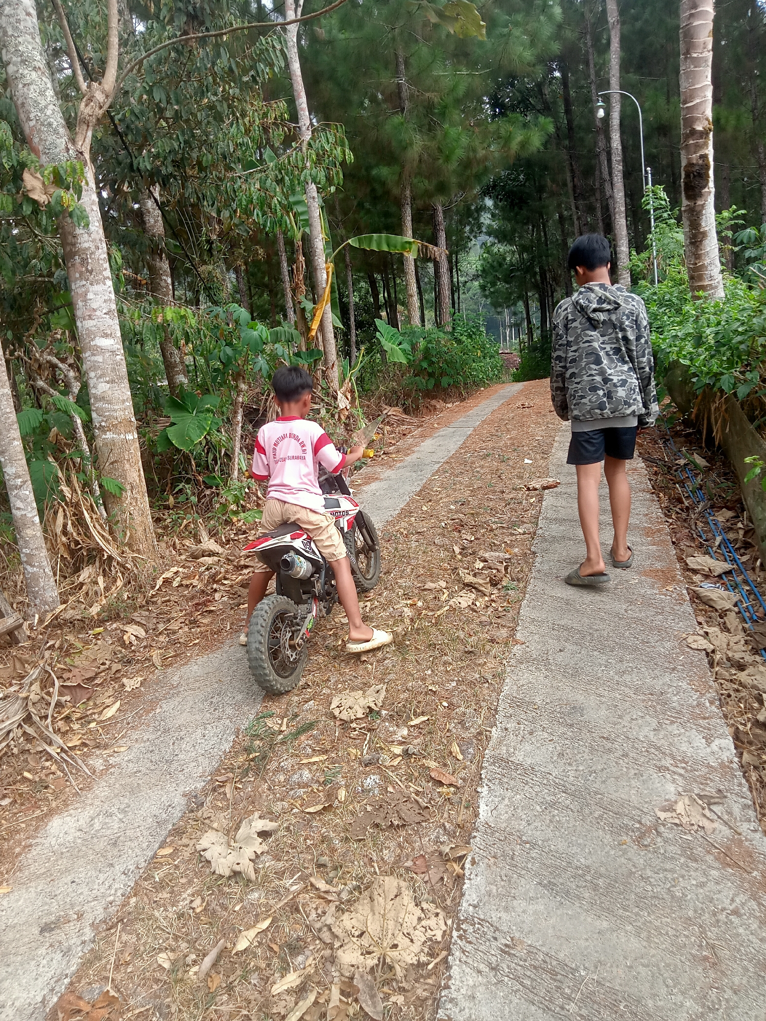 The image depicts two young boys on a dirt path lined with trees and foliage. The boy on the left is seated on a small dirt bike, facing away from the camera. He is wearing a pink t-shirt with white lettering and tan shorts. The boy on the right is walking away from the camera, wearing a camouflage hooded jacket, black shorts, and sandals. The path is made of concrete and dirt, with dry leaves scattered around. The environment appears to be a rural or semi-rural area, possibly a park or a forest, with tall trees and dense vegetation. The lighting suggests it is daytime, with overcast skies. The location is identified as Tanggaran, Indonesia, a subdistrict in the Bondowoso Regency of East Java.