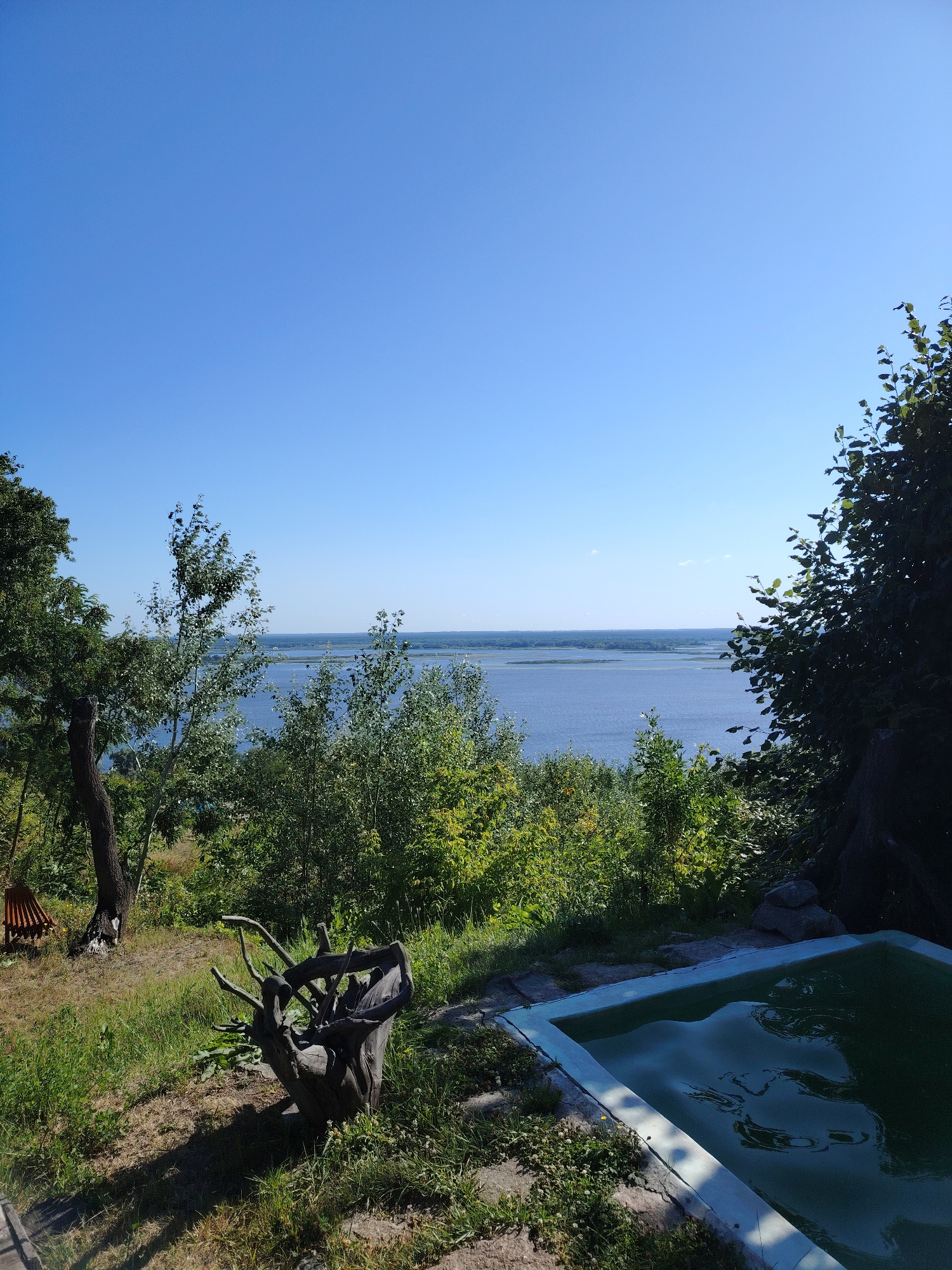 A wide-angle, eye-level shot captures a serene outdoor scene overlooking a body of water, likely the Dnieper River, near the village of Staiky, Ukraine. The sky is a clear, bright blue, dominating the upper portion of the frame. Lush green trees and foliage form a natural border along the foreground and mid-ground, with denser vegetation on the right side of the image.
In the foreground, to the left, a weathered tree stump with intricate, gnarled branches sits on a grassy slope. A wooden structure, possibly a hammock or a piece of garden furniture, is partially visible behind this stump. To the right, a small, rectangular swimming pool with a light blue border is filled with dark green water, reflecting the sky. The pool area is surrounded by stones and sparse vegetation.
The mid-ground features a slightly overgrown grassy area sloping down towards the expansive body of water. The water itself is calm and reflects the clear blue sky, with faint hints of landmasses or islands visible on the horizon. The overall impression is one of a peaceful, natural retreat. No people are visible in the image.
