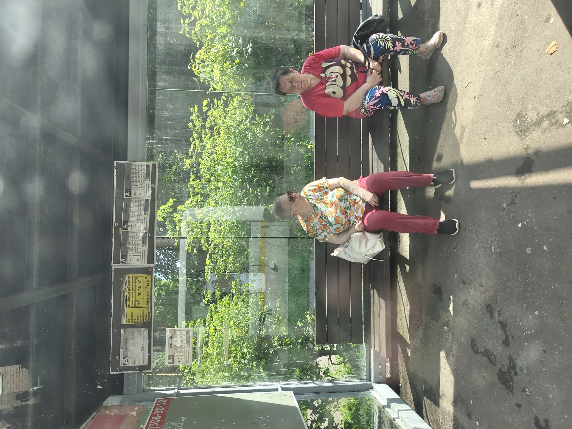 Two elderly women are seated on a wooden bench at a bus stop in Zhukovsky, Russia. The woman on the left, wearing sunglasses and a colorful fruit-patterned shirt with red pants, has a white bag beside her. The woman on the right wears a red t-shirt and patterned leggings, with a black bag at her feet. The bus stop has glass walls and a metal roof structure. Behind the bus stop, dense green foliage is visible, suggesting a park or wooded area. The ground in front of the bench is paved and appears somewhat worn and dirty. Several signs with bus route information are affixed to the interior of the bus stop structure. The overall lighting indicates it is daytime.