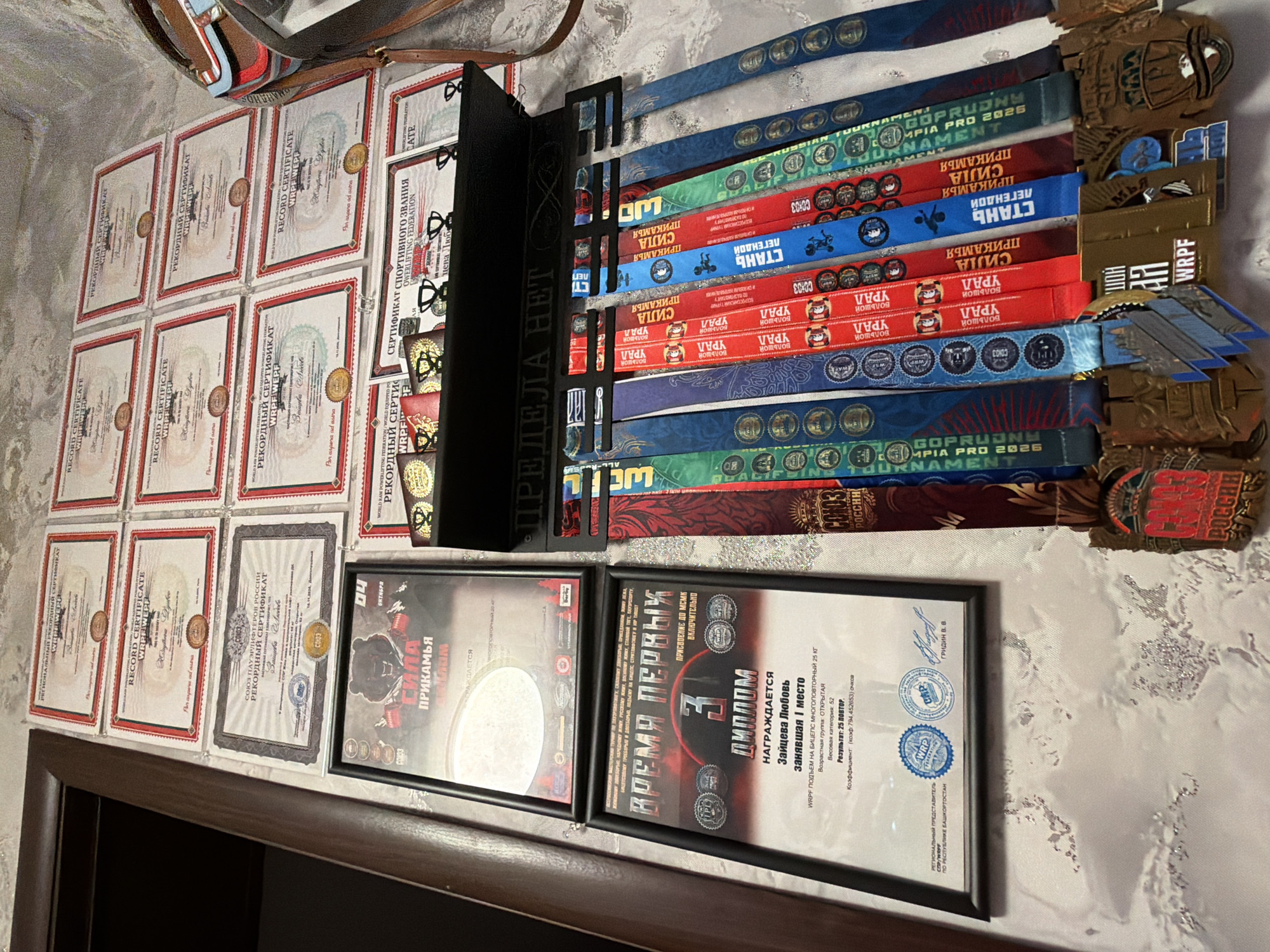 The image displays a wall in an indoor setting, likely a home in Chaikovsky, Russia, adorned with numerous sports achievements. The main subjects are a collection of medals hanging on a custom medal rack and an array of record certificates and diplomas displayed on the wall.
The black medal hanger, featuring the cut-out phrase "ПРЕДЕЛА НЕТ" (NO LIMIT) in Russian, holds multiple medals with colorful ribbons. Visible text on the ribbons includes "БОЛЬШОЙ УРАЛ" (Big Ural), "СИЛА ПРИКАМЬЯ" (Power of Prikamye), "СТАНЬ ЛЕГЕНДОЙ" (Become a Legend), "GOPRUDNY MPIA PRO 2026", "RUSSIAN TOURNAMENT", "WRPF", and "СОЮЗ РОССИИ". The medals themselves vary in design, often depicting strength-related motifs or competition logos.
To the left of the medal rack, several "RECORD CERTIFICATE" and "РЕКОРДНЫЙ СЕРТИФИКАТ" documents are neatly arranged, some unframed and others in simple frames. Many of these certificates prominently feature "WRPF" (World Raw Powerlifting Federation) and "СОЮЗ ПАУЭРЛИФТЕРОВ РОССИИ" (Union of Powerlifters of Russia) logos, attesting to achievements in powerlifting. The Latin phrase "Per aspera ad astra" is also visible on some.
Below these, two framed diplomas stand out. One, titled "ВРЕМЯ ПЕРВЫХ" (Time of the First), recognizes "Зайцева Любовь" (Zaitseva Lyubov) for achieving "1 место" (1st place) in the "WRPF ПОДЪЕМ НА БИЦЕПС МНОГОПОВТОРНЫЙ 25 Кг" (WRPF Multi-Repetition Bicep Lift 25 kg) with a result of "25 ПОВТОР" (25 repetitions). It also mentions "ПРИСВОЕНИЕ ДО МСМК ВКЛЮЧИТЕЛЬНО" (Awarding up to Master of Sport of International Class inclusive) and "РЕГИОНАЛЬНЫЙ ПРЕДСТАВИТЕЛЬ СОПР/WRPF ПО РЕСПУБЛИКЕ БАШКОРТОСТАН" (Regional Representative of UPR/WRPF for the Republic of Bashkortostan) and "ГРИДИН В. В.". The other framed certificate, with a prominent bear graphic, is titled "СИЛА ПРИКАМЬЯ" (Power of Prikamye).
The overall display showcases a dedicated athlete's significant accomplishments in various strength sports and powerlifting competitions.