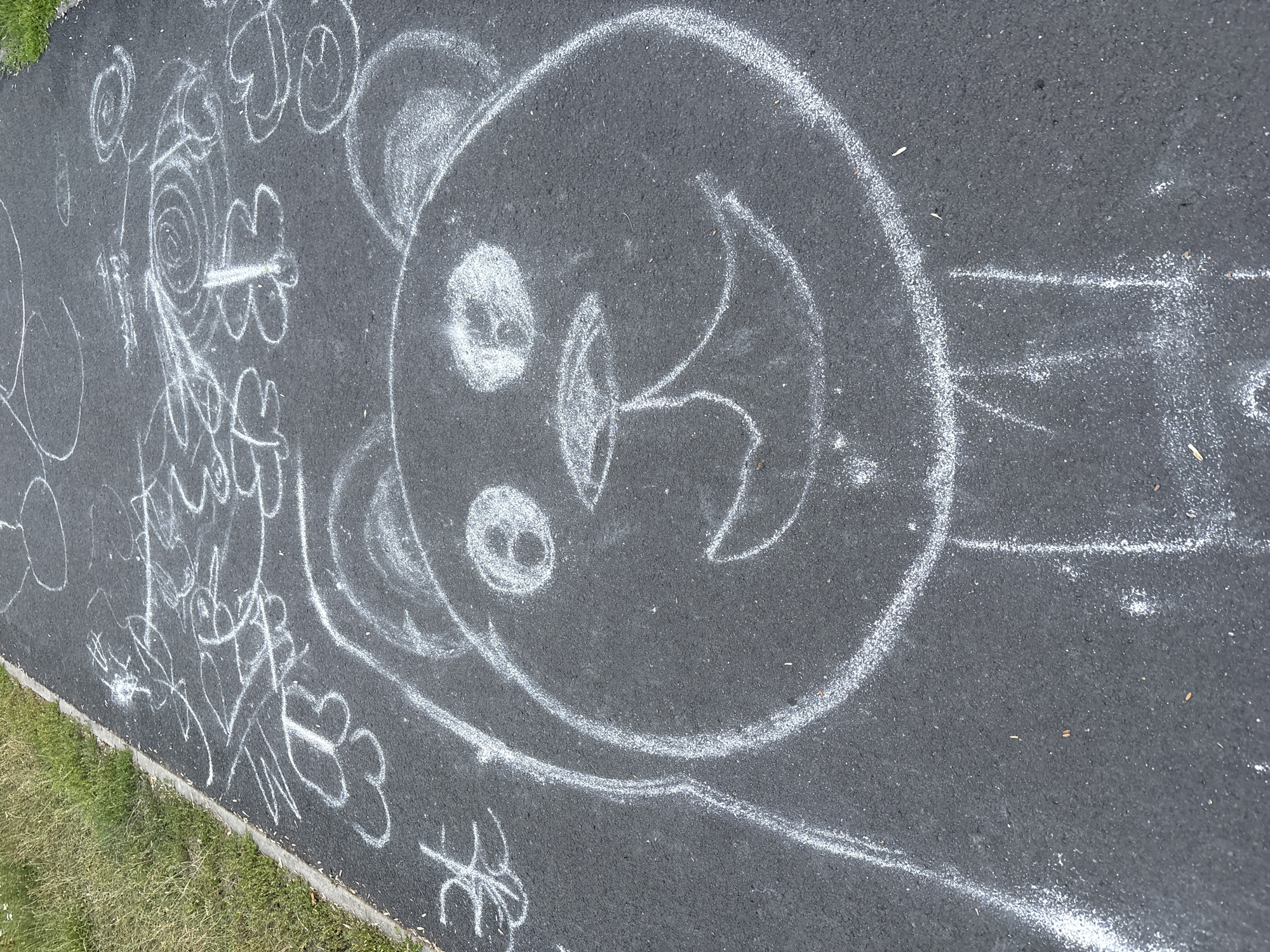 The image shows a chalk drawing of a bear's face on an asphalt path. The bear has large, circular eyes and a simple, smiling mouth. Above the bear's head, other chalk drawings are visible, including what appears to be butterflies and abstract shapes. The path is bordered on the left by a grassy area. The drawing is in white chalk and is somewhat faded, suggesting it has been exposed to the elements. The scene appears to be outdoors, possibly in a park or on a sidewalk.