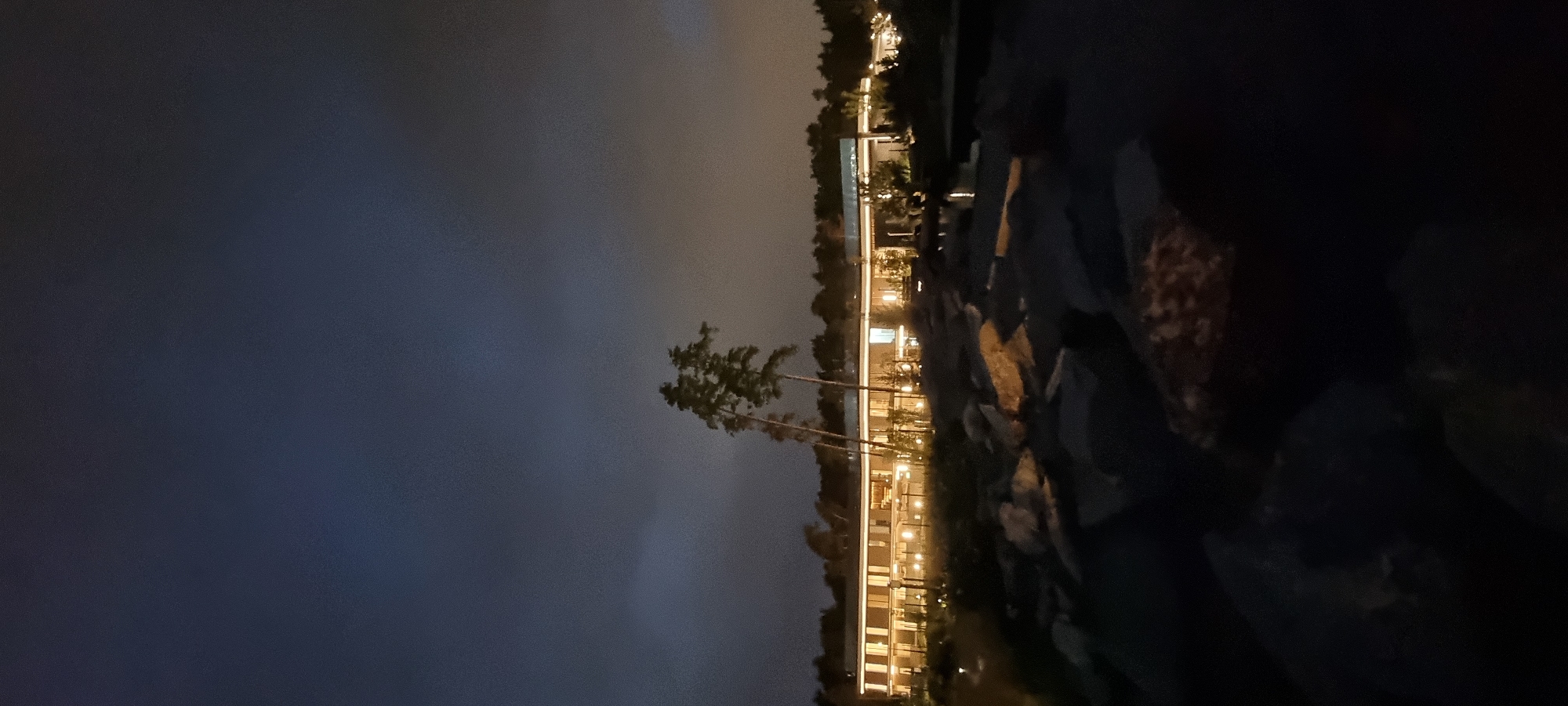 This is a vertical, full-frame, nighttime photograph taken outdoors in Shulgino, Russia, showing a modern building illuminated by interior and exterior lights. The foreground is dominated by dark, rough-textured rocks, some of which are lit by an unseen light source, casting shadows. Behind the rocks, there is a body of water, reflecting some of the light. Two tall, slender trees with sparse foliage are positioned in front of the building. The building itself is long and low-lying, with a series of large windows and a distinct, curved roofline. It is lit from within, creating a warm glow, and also features a line of exterior lights running along its roofline. The background consists of a dense line of trees and a dark, cloudy sky. The overall atmosphere is serene and modern, with the artificial lights contrasting with the natural elements. No people are visible in the image.