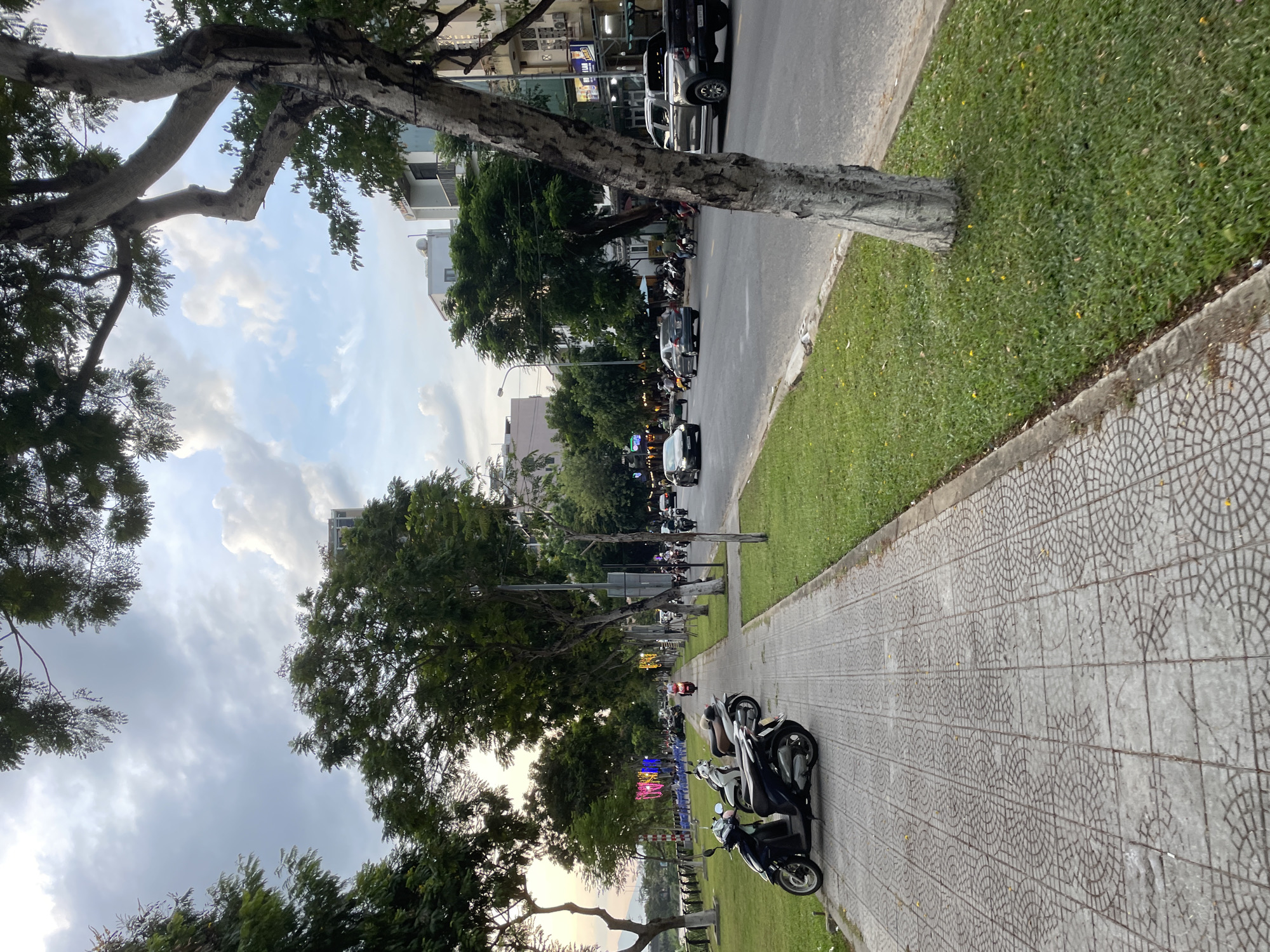 The image depicts a street scene in Da Nang, Vietnam, likely during the late afternoon or early evening. A paved sidewalk with a decorative circular pattern runs along the right side of the frame, bordered by a grassy area. Several motorcycles are parked on the sidewalk.
Beyond the sidewalk and grass is a street with several cars and motorcycles in motion, suggesting moderate traffic. Trees line the street, their branches creating a canopy over the sidewalk and part of the road. In the background, buildings of various heights are visible, indicating an urban environment. Some decorative lights, possibly strings of colorful bulbs, are strung between trees or poles along the street, hinting at a festive atmosphere or a commercial area.
The sky is partly cloudy, with a mix of sunlight and overcast conditions, typical of the time of day. The overall impression is a lively street in a Vietnamese city, with a blend of natural elements like trees and urban infrastructure. No explicit text is clearly legible in the image.