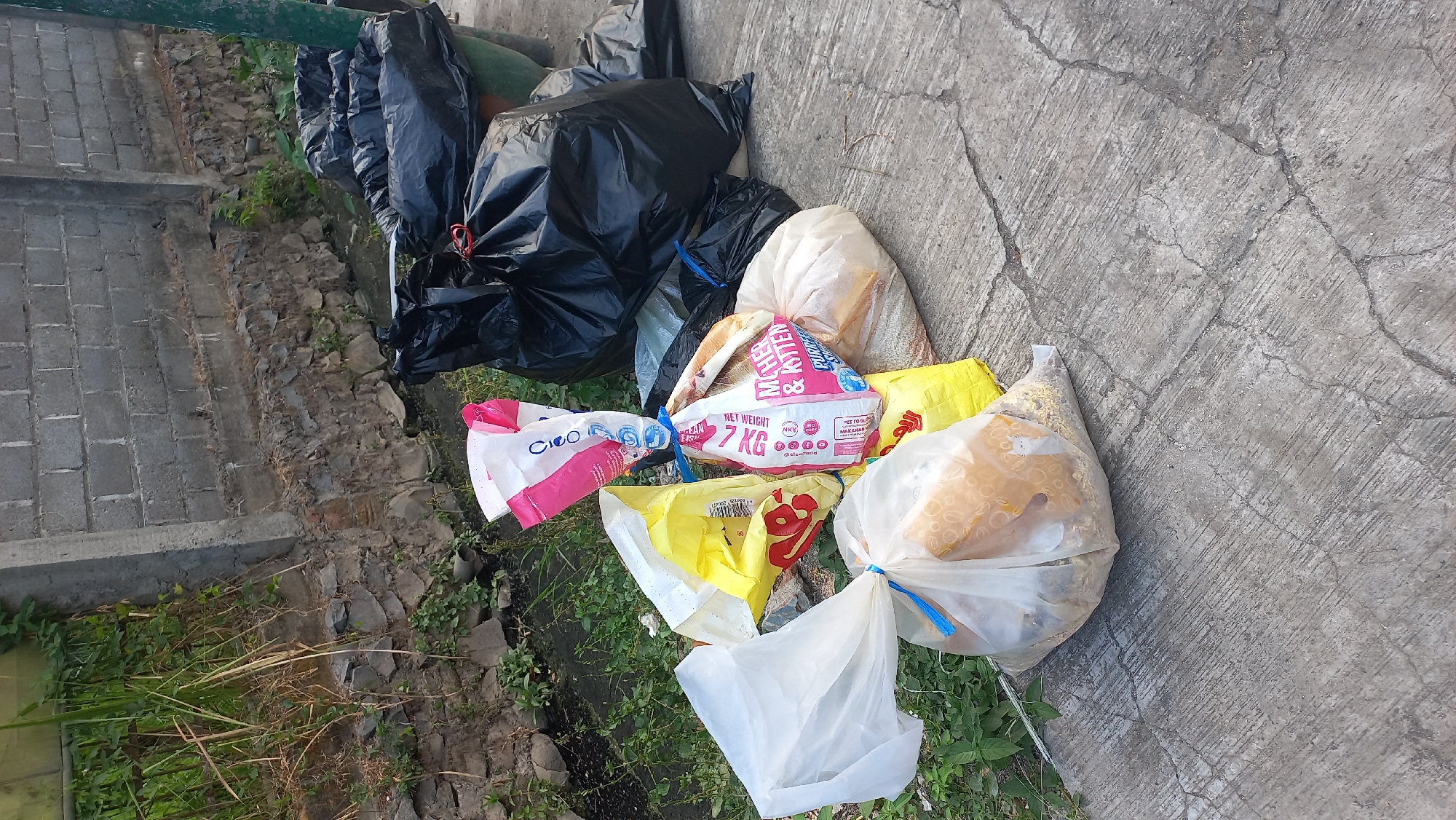 This image depicts several black trash bags and some smaller bags, likely containing pet food or similar items, piled on a concrete sidewalk. The sidewalk is cracked and weathered, adjacent to a drainage ditch with some greenery and rocks. In the background, a wall made of grey cinder blocks is visible, with some patchy vegetation growing near its base. The scene appears to be outdoors, in an urban or semi-urban environment in Mangunsari, Indonesia, based on the provided location information. There are no people visible in the image. The lighting suggests it is daytime, possibly late afternoon or early morning.