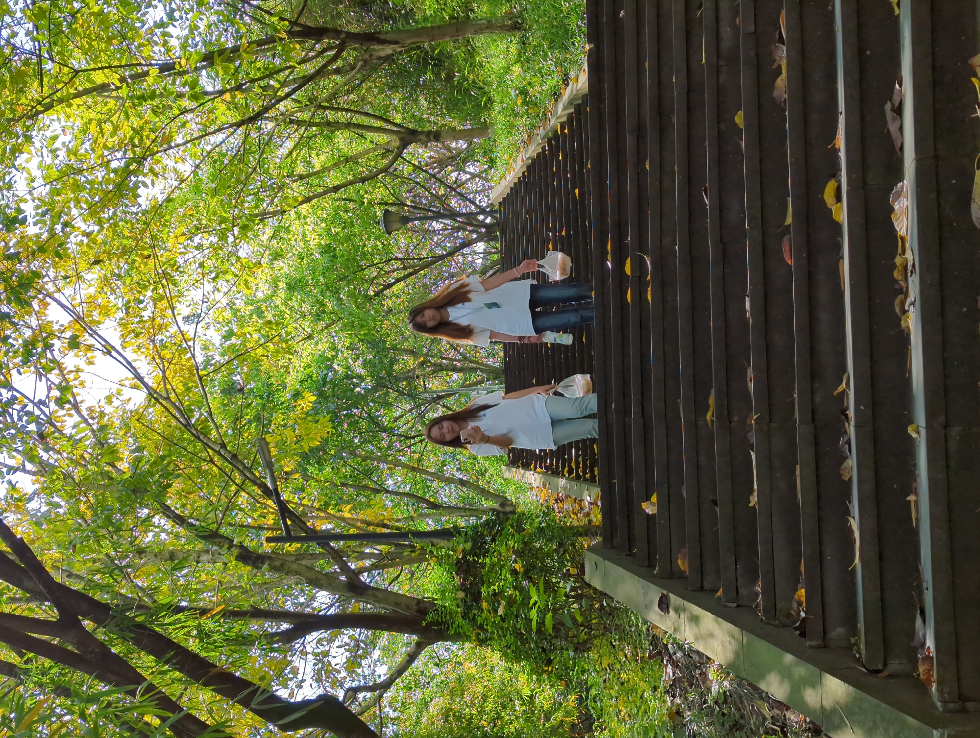 Two women are on a set of stairs flanked by green trees in Jiangjin, China. Both women have long brown hair and wear white shirts. The first woman is wearing dark pants and holding a plastic bag and a bottle. The second woman is wearing light pants and holding a plastic bag and a phone. Yellow leaves are scattered on the stairs.