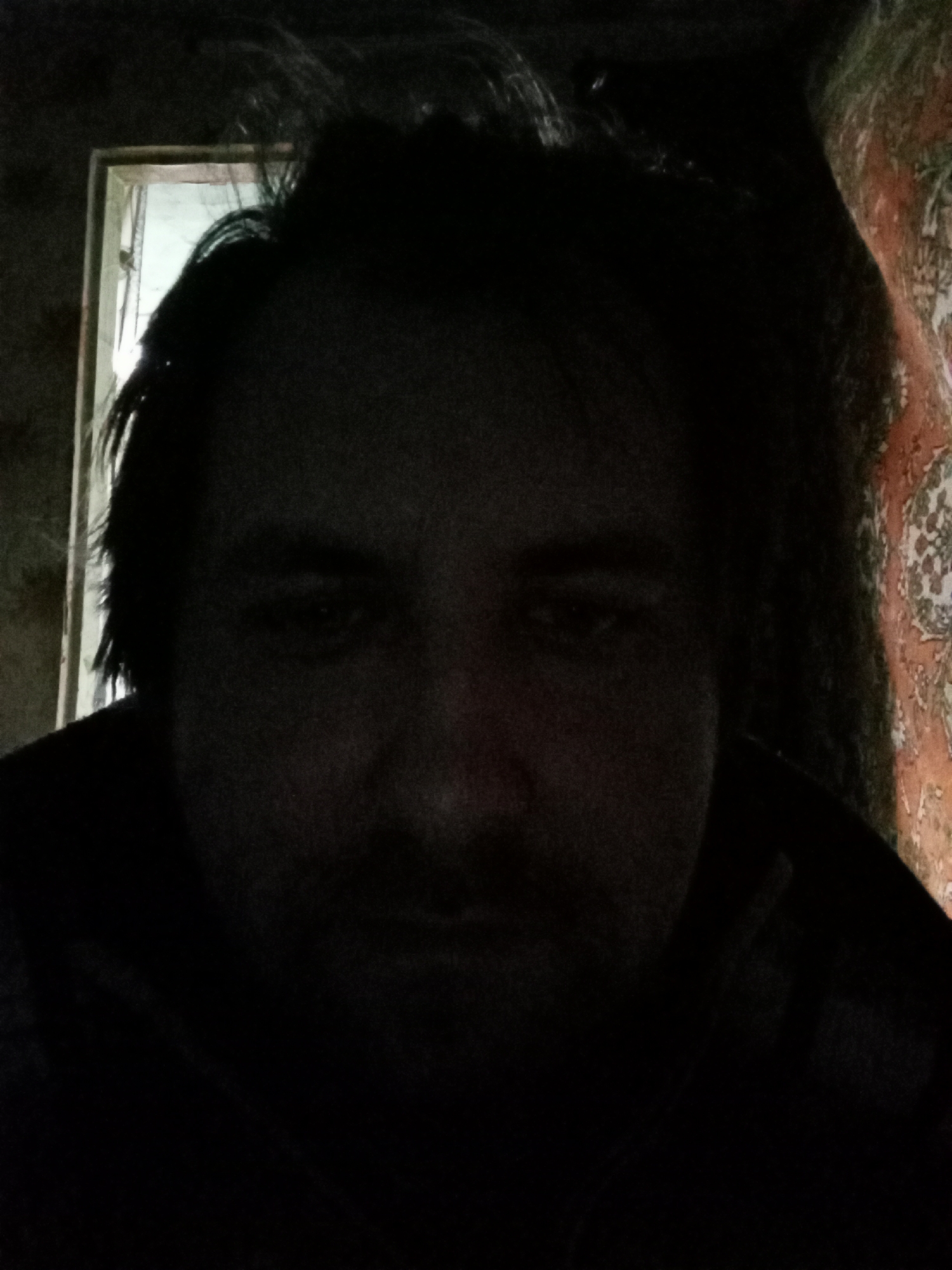 A dimly lit selfie of a man with dark hair and a beard. The background is indistinct, but appears to be an interior space with a doorway or window to the left and a patterned wall covering to the right. Due to the low lighting, specific details of the man's face and clothing are difficult to discern. There is no information that can be used to confirm if this image was taken in Parabel, Russia.