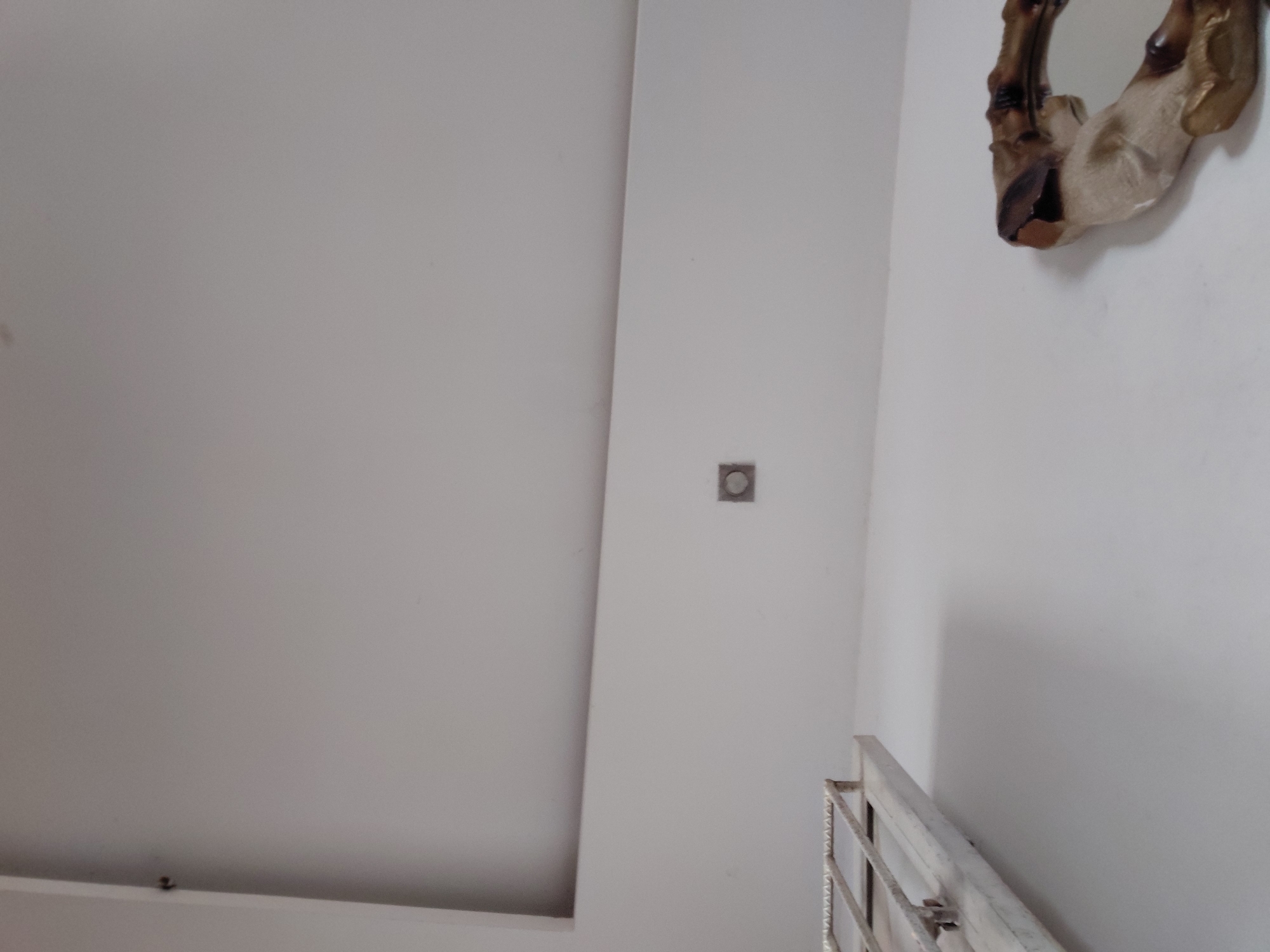 The image, taken in Santa Ana, Venezuela, depicts an interior view of a room, likely a stairwell or corridor, characterized by light-colored, possibly white or off-white, walls and ceiling. The perspective is angled, looking upwards and across the space.
In the upper right portion of the frame, a segment of a decorative mirror or wall art is visible. It features an ornate, organic-shaped frame, appearing to be made of wood or a material mimicking wood, with shades of dark brown, tan, and hints of a metallic or golden finish, giving it a rustic or antique appearance.
A metal railing, possibly part of a staircase or balcony, is present in the lower right corner, extending diagonally upwards. It has a light-colored main structure, perhaps painted white, with darker, more intricate patterns or bars within its design.
Centered on a vertical wall section in the middle of the image is a small, square-shaped wall fixture. This appears to be an electrical outlet, a light switch, or a similar utility point, featuring a circular element in its center.
The lighting in the room is soft and diffused, suggesting an indoor environment without direct harsh sunlight. The walls appear clean and well-maintained. A small, dark, irregular mark is barely discernible on the lower edge of the left ceiling/wall intersection. There are no people visible, and no specific activity is taking place. No discernible text is present in the image.