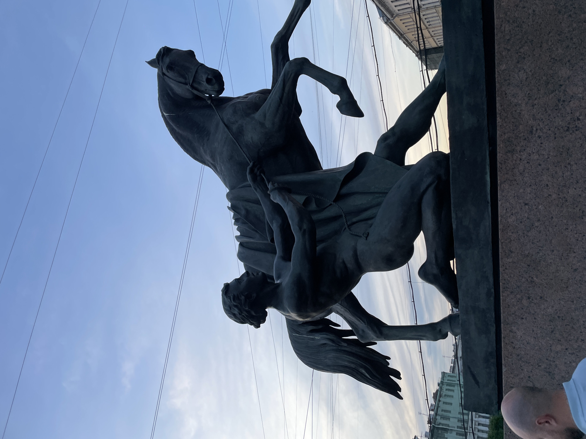 A low-angle, eye-level shot captures a bronze equestrian sculpture, one of the four "Horse Tamers" by Peter Clodt von Jürgensburg, situated on the Anichkov Bridge in Saint Petersburg, Russia. The sculpture depicts a dynamic struggle between a muscular, partially draped male figure and a rearing horse. The man is positioned on his right knee, his arms extended forward, firmly grasping a rope-like element attached to the horse's bridle and a piece of drapery that flows around the horse's chest. The horse, rendered in dark bronze with a green patina, is captured mid-rear, its front hooves lifted high, and its tail trailing behind. The sculpture rests on a multi-tiered, rough-textured dark stone pedestal. Above the monument, the sky is a clear, light blue with sparse, wispy white clouds. Several thin, dark electrical or tram wires crisscross the upper and middle portions of the frame. In the background, historic multi-story buildings with numerous windows, featuring light yellow and greenish facades, are partially visible. In the lower-left corner, the bald head and shoulder of a man wearing a light blue polo shirt are visible, indicating the presence of a pedestrian viewing the monument.
