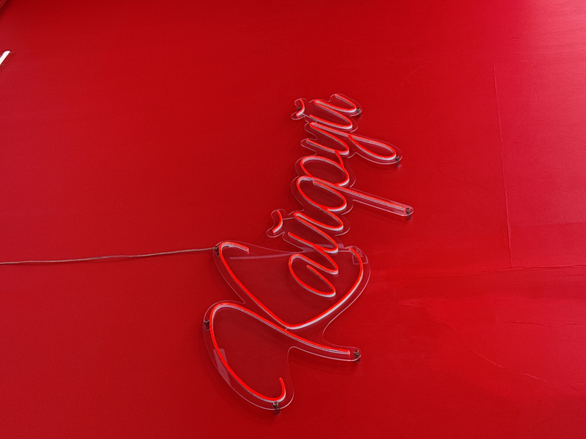 A horizontal eye-level shot shows a red wall, with the word "Lapin" written in cursive with a clear acrylic backing and a red neon-style outline. The word is situated on the right side of the frame, oriented vertically. A thin, brown electrical wire extends from the left side of the word, reaching toward the left edge of the frame. The wall appears to be smooth with minor imperfections.