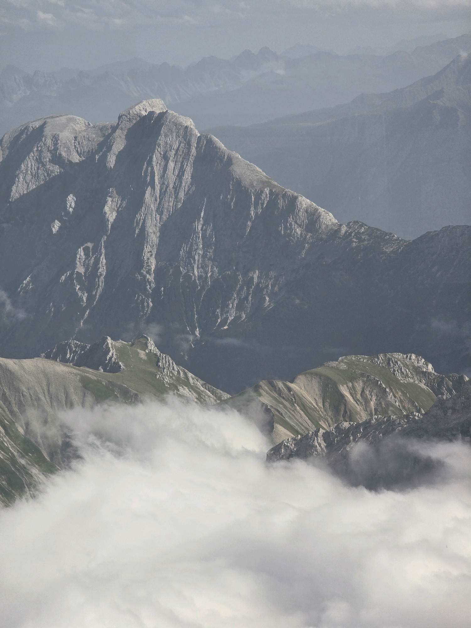 The image depicts a panoramic view of the Zugspitze massif, the highest peak in Germany, located in the Wetterstein range of the Alps, near Grainau, Germany. The foreground is dominated by a thick layer of white clouds, obscuring the lower slopes of the mountains. Above the clouds, the rugged, grey, rocky faces of the mountains rise sharply. The slopes are interspersed with patches of green vegetation, particularly on the lower, less steep sections. In the middle ground, a prominent peak with a distinctive crest is visible, its rocky texture clearly defined. Further in the background, successive layers of mountains fade into a hazy, blue-gray atmosphere, indicating significant distance and atmospheric perspective. The overall scene is one of majestic, natural grandeur, characterized by the dramatic interplay of rock, cloud, and distant mountain ranges under a muted sky. There are no people, objects, or actions depicted in the image.