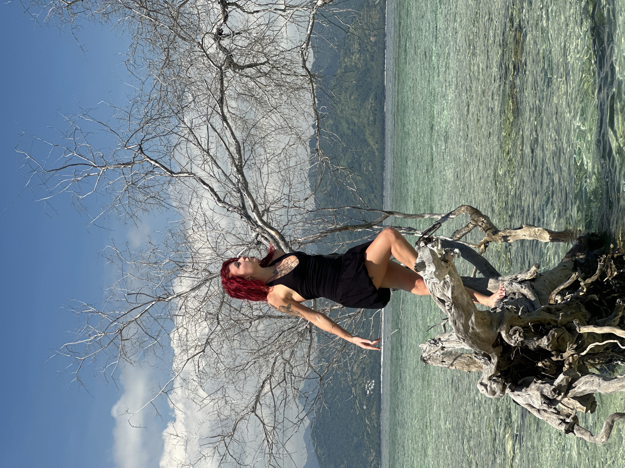 The image captures a woman with red hair and a black dress lying on a weathered tree trunk at the edge of a clear body of water, likely the ocean. She is positioned against a leafless tree, with branches reaching towards a blue sky dotted with clouds. In the background, a coastline is visible, featuring mountains or hills. The location is presumed to be in the city of Unknown, Indonesia.
