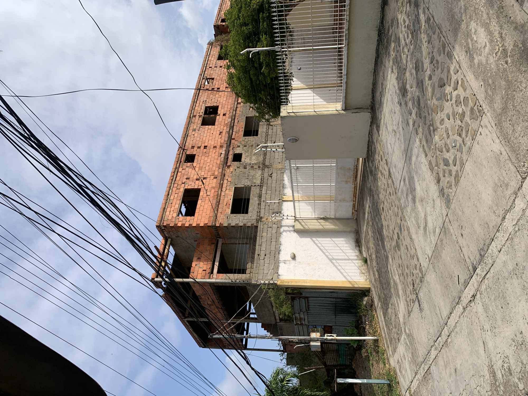 This vertical image, captured in La Asuncion, Venezuela, presents an urban street scene featuring a multi-story building that appears to be under construction or in a state of disrepair. The building's facade is a mix of exposed red brickwork, grey cinder blocks, and some sections with white paint. Numerous empty window frames and openings are visible across its height.
A dense tangle of black electrical wires extends across the top and left side of the frame, silhouetted against a bright, partly cloudy sky. Lush green vegetation, including a large tree, grows prominently on the upper right side of the building, near a white metal railing or balcony. Below this, a section of the building features a white wall with a round light fixture.
At the base of the structure, corrugated metal sheets are visible alongside more greenery. The foreground shows a worn sidewalk composed of large concrete slabs interspersed with decorative sections of embedded irregular stones. The lighting indicates it is daytime, likely under bright, overcast conditions. No people or specific activities are visible, giving the scene a static quality of an ongoing urban landscape. There is no visible text in the image.