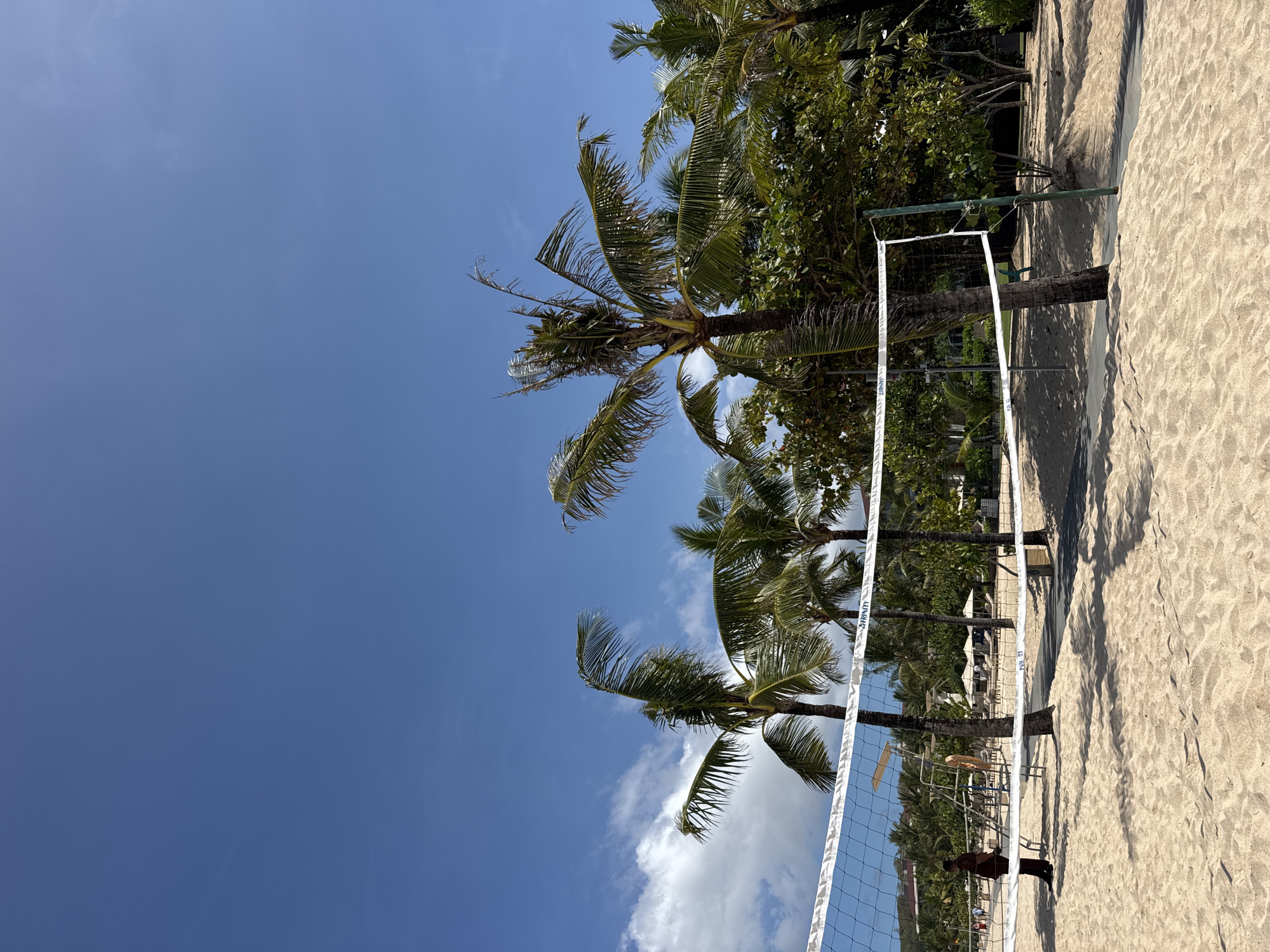 The image captures a beach scene in Kuta Selatan, Indonesia. The foreground features a volleyball net stretched tautly across the sandy beach. In the background, there are palm trees reaching towards a bright blue sky dotted with wisps of white clouds. The scene appears to be taken during the daytime. A person wearing a dark red colored top is standing close to the volleyball net, although their interaction with the volleyball net is not evident. The scene suggests a tropical, beachside recreational area.