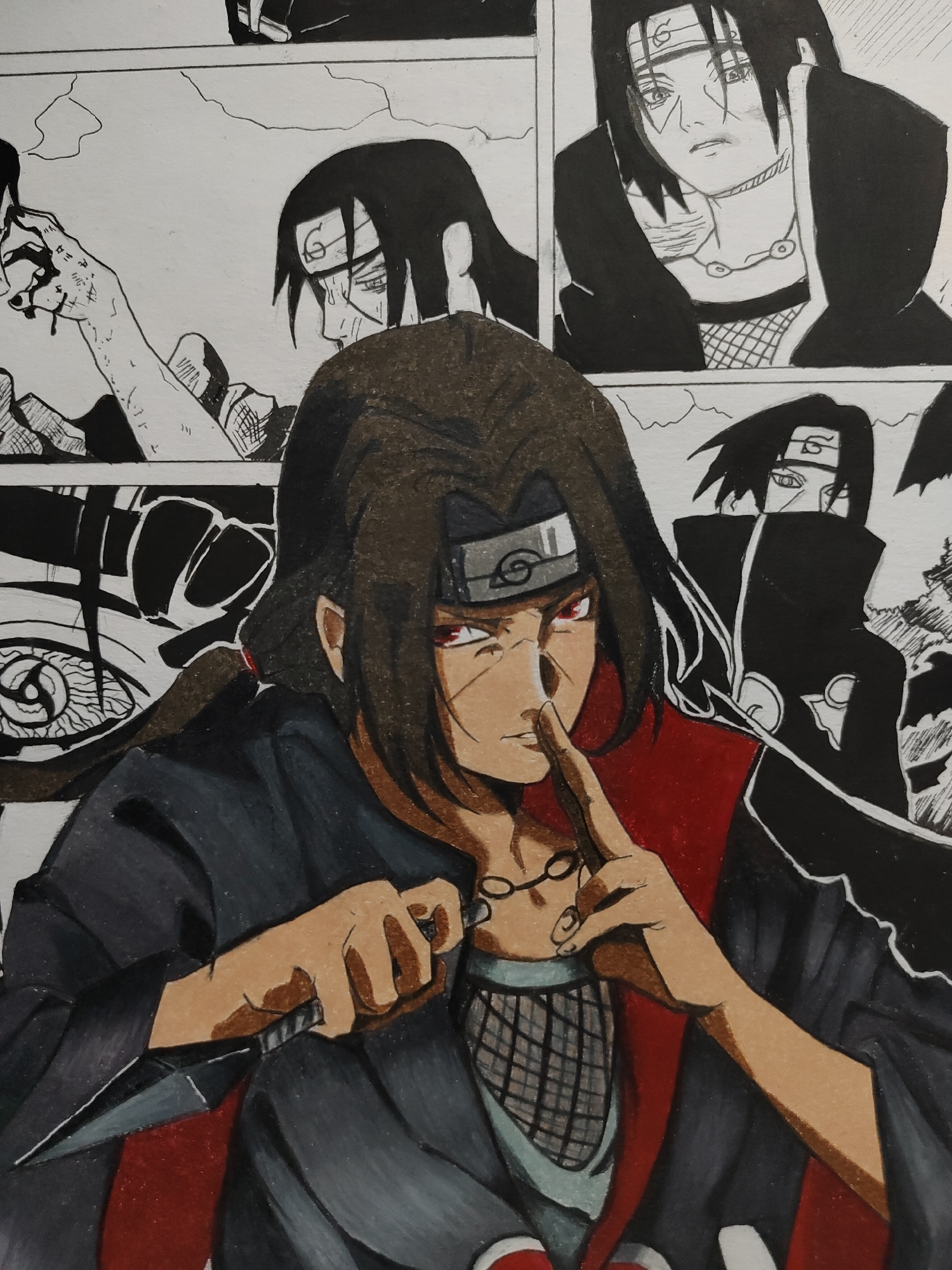 The image displays a multi-panel artwork centered on the character Itachi Uchiha from the Naruto series. The dominant foreground panel is rendered in color, depicting Itachi from the waist up. He has long, dark brown hair, red Sharingan eyes, and wears a grey Konoha headband with a scratched symbol. His attire includes a dark Akatsuki cloak with a red interior over a mesh undershirt. He holds a dark kunai with a silver blade in his right hand, and his left index finger is pressed to his lips in a 'shhh' gesture, conveying an intense and focused demeanor.
Surrounding panels, presented in black and white, illustrate additional scenes related to the character: a top-left panel shows a partially visible figure, likely Itachi, with a bloodied hand; a top-right panel features a frontal portrait of Itachi with a more somber expression; a middle-right panel shows Itachi in his Akatsuki cloak against a desolate background; and a segment behind the main figure on the bottom left features a large, stylized Sharingan eye. The artwork is executed on a light-colored surface, likely paper, using markers or similar media for color and ink for outlines and black-and-white sections. The scene depicted is fictional and contains no visual elements identifying a specific location within Davao City, Philippines.