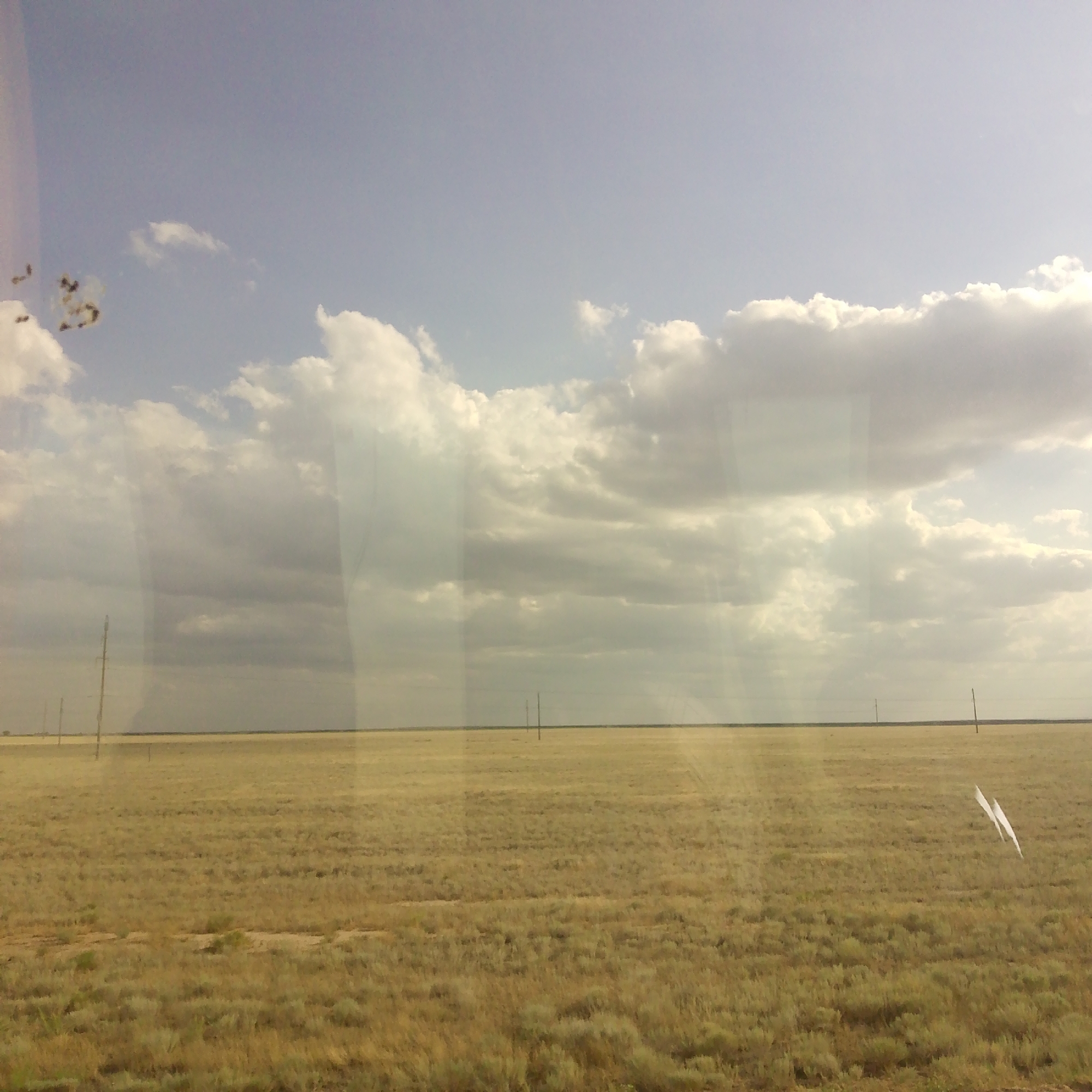 The image shows a wide, flat expanse of dry grass under a cloudy sky. Several utility poles are visible in the distance, marking a straight line across the horizon. The sky is a pale blue with large, white, and grey clouds. In the foreground, the grass is dry and golden, with some sparse green vegetation. There are some vertical lines in the image that appear to be reflections or smudges on a window. On the far right, a white, kite-like object is visible in the field, appearing to be made of fabric or paper. The overall impression is one of an open, rural landscape. The location is specified as Yashkul, Russia.