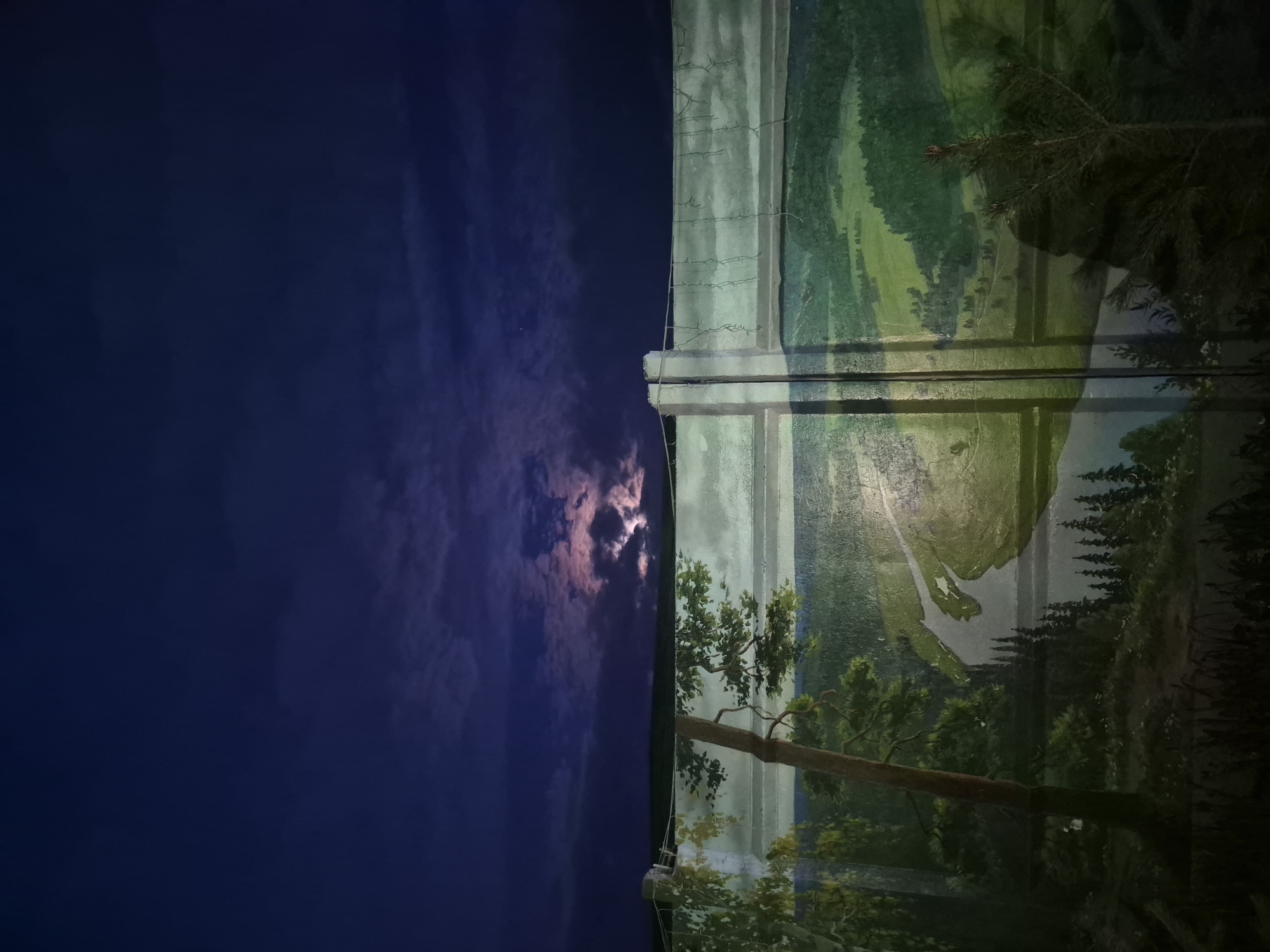 The image shows two adjacent painted murals in an interior. The left mural depicts a dark blue night sky with some lighter clouds and a pale, pinkish glow suggestive of distant lightning or a light source obscured by clouds. The right mural portrays a verdant landscape scene with a meandering river or stream, green fields, and forests. The transition between the murals is along a wall, marked by a weathered concrete structure. The paint on the landscape mural appears faded and cracked, suggesting age. The location is Unknown, Unknown. There are no people, subjects, actions or interactions visible.