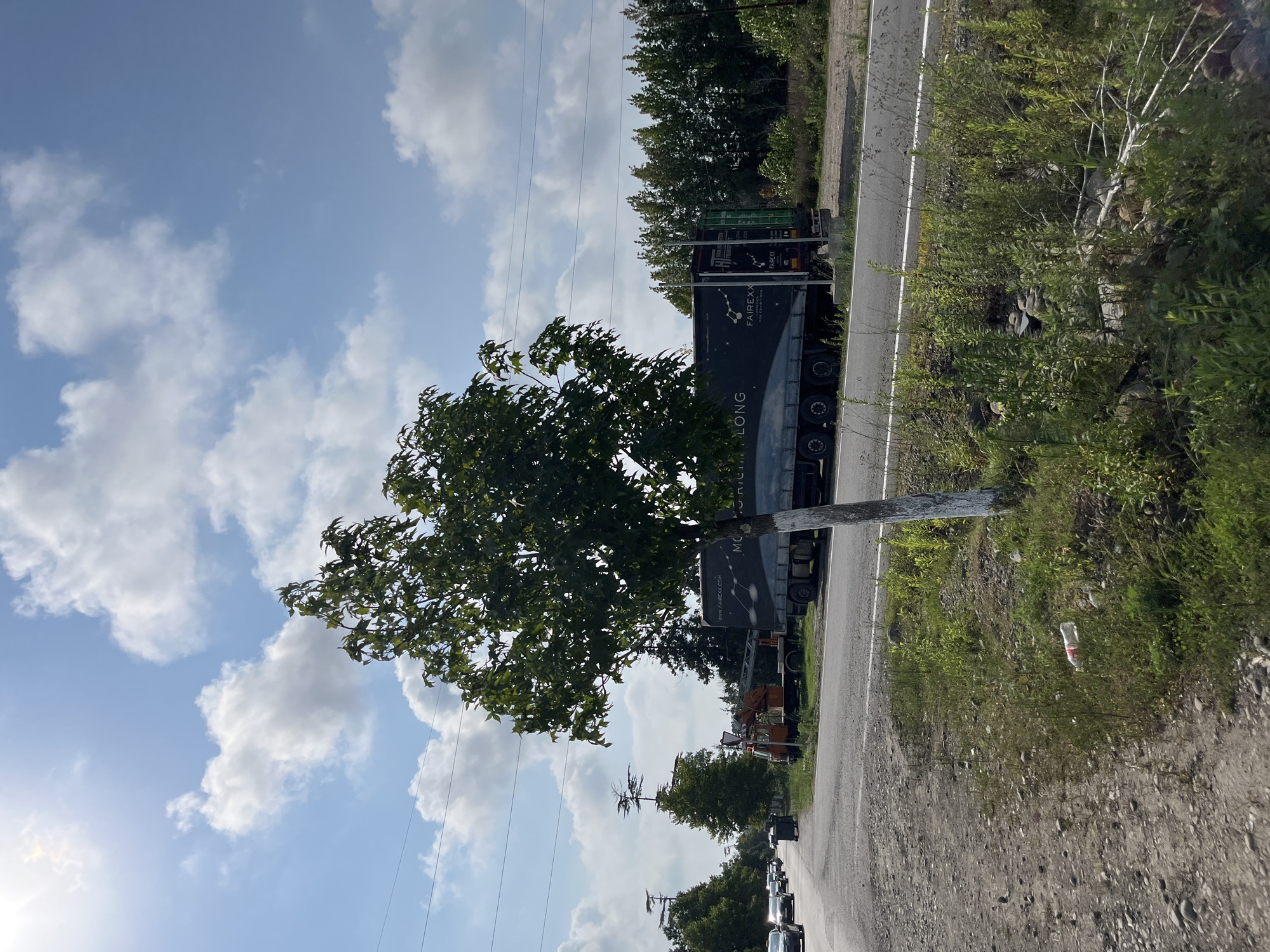 In Ureki, Georgia, on a sunny day with scattered clouds, a tree stands in the foreground on the left side of the road. Its trunk is painted white at the base. To the right of the tree, a truck with a black trailer is parked on the side of the road. The trailer has white text on it, including "FAIREXX" and "FOR EXHIBITIONS." An orange crane is attached to the back of the truck. The road appears to be a highway with at least two lanes in each direction, and traffic is visible in the distance on the left. The surroundings include green trees and vegetation, with power lines running overhead. A white plastic bottle is lying on the ground amidst the grass and rocks on the left side of the road.