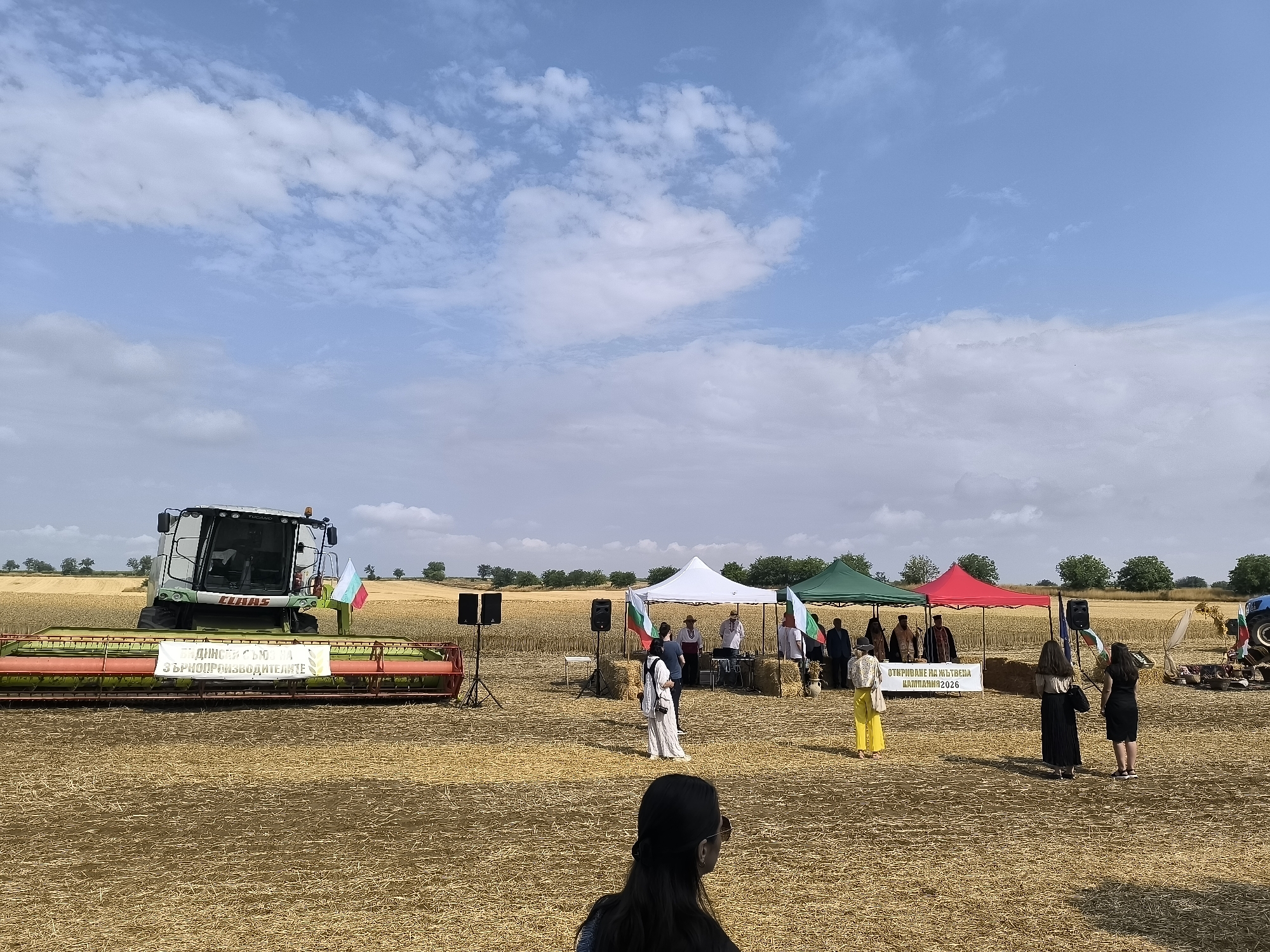 The image depicts an outdoor event in a harvested wheat field, likely in Koshava, Bulgaria, given the context. A large CLAAS combine harvester, adorned with a Bulgarian flag and a banner bearing text in Bulgarian that translates to "Proudly representing the cereal producers," is positioned prominently. In the middle ground, a gathering is taking place under several tents. People are standing and interacting, with some under a white tent and others under green and red tents. Bulgarian flags are visible, along with hay bales and speakers, suggesting a ceremonial or celebratory event related to agriculture. In the foreground, the back of a person wearing sunglasses and a black shirt is visible, facing away from the camera and towards the event. The sky is partly cloudy, indicating a daytime scene. The overall environment is rural and agricultural.