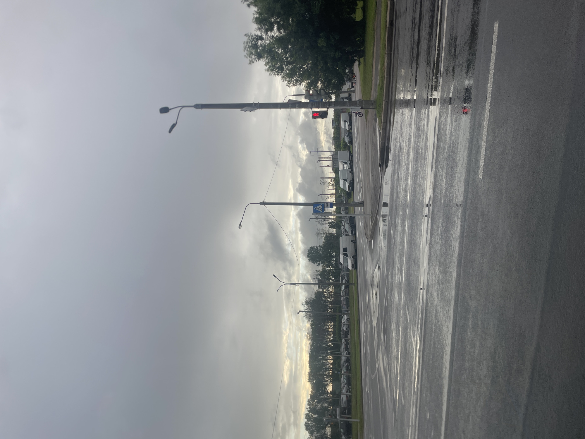 A wet, overcast intersection in an urban area features a traffic light showing red. Several white vans are parked in the background, along with a row of cars in a lot. Trees line the far side of the road, and a sidewalk is visible on the right. Puddles reflect the overcast sky on the asphalt. A pedestrian crossing sign is visible on the left.