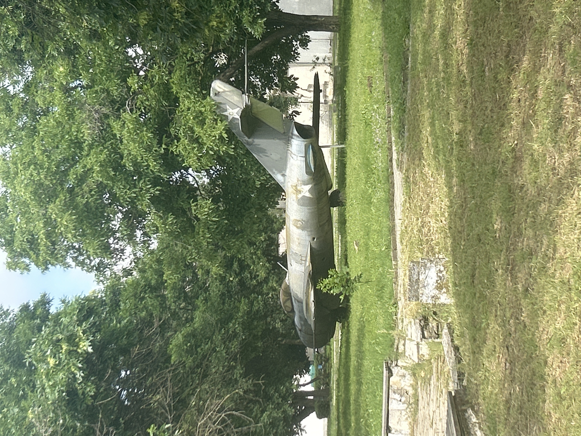 The image displays an old, weathered military jet aircraft situated outdoors in a grassy area. The aircraft is predominantly grey-green, featuring swept wings, a single vertical stabilizer, and a visible cockpit canopy. A white star insignia is clearly visible on the tail fin and another on the fuselage, indicating its historical military affiliation. The design suggests it is likely a Cold War-era fighter.
The aircraft is positioned on a lawn, flanked by dense, lush green trees that occupy the left side and extend into the background. Through the foliage, a light-colored building or structure can be faintly seen in the distance. To the right of the aircraft, a low stone or concrete border delineates the edge of the grassy display area.
The scene takes place during daylight hours, under what appears to be a bright, clear sky, with no people visible. The weathered condition of the aircraft suggests it has been exposed to the elements for an extended period. The overall setting is reminiscent of an outdoor historical park or memorial, consistent with a potential location in Belene, Bulgaria.