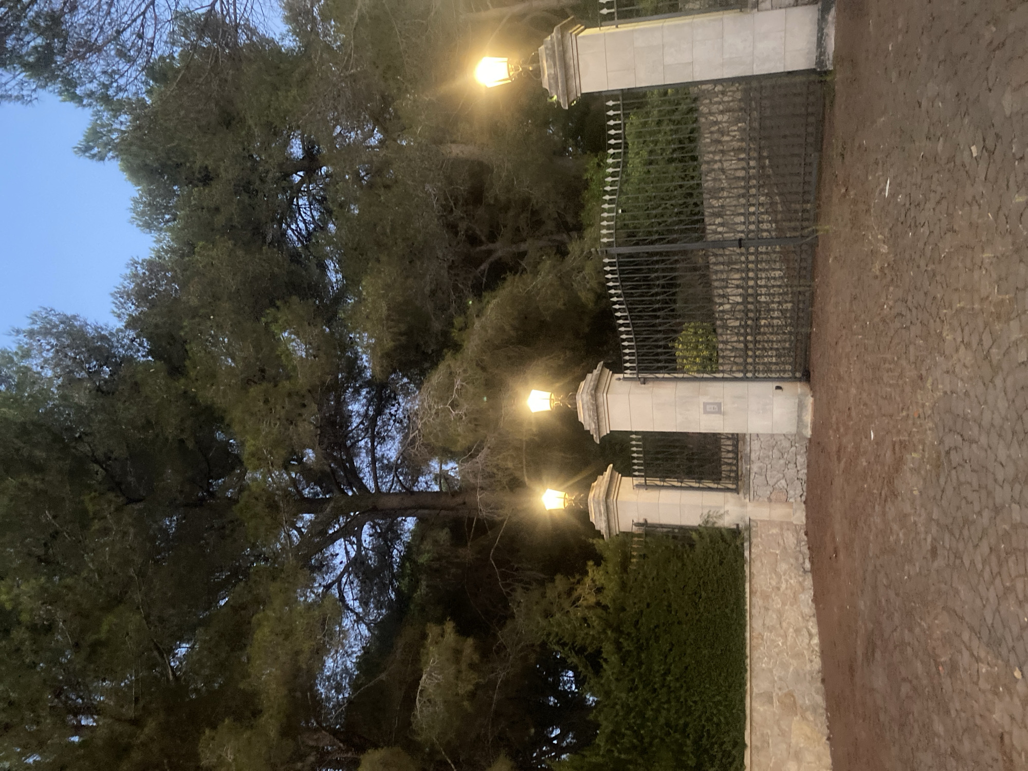 The image depicts a wrought-iron gate at dusk, likely the entrance to a property in Antibes, France. Two ornate lampposts atop stone pillars flank the gate, casting a warm glow. Behind the gate, a dense area of trees, possibly pines, obscures the background. The ground in front of the gate is paved with cobblestones. A low stone wall topped with a manicured hedge runs along the left side of the frame. The overall impression is one of a grand and private estate.