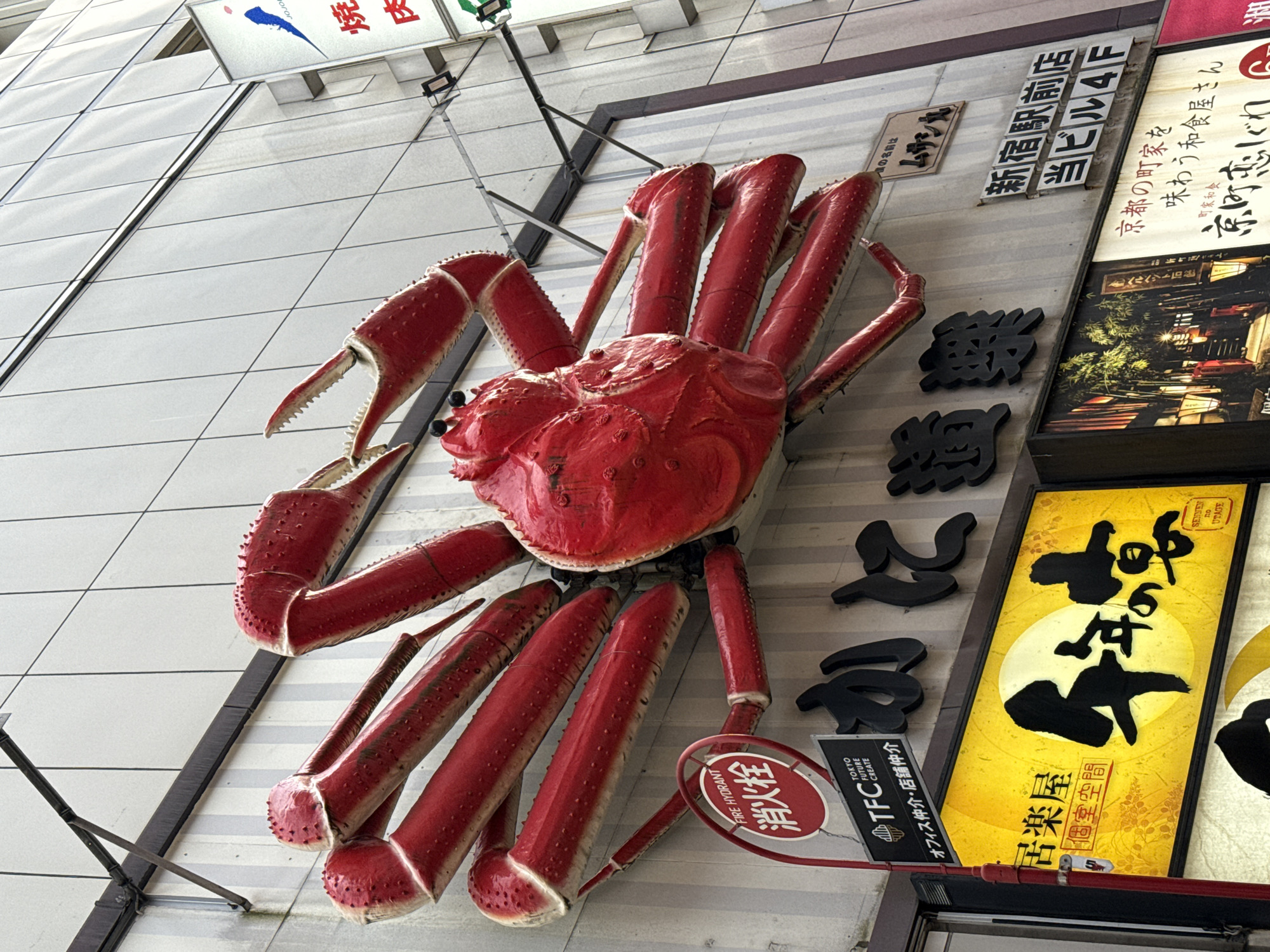 A large, red, artificial crab sculpture is mounted on the exterior wall of a building in Shinjuku, Japan. The crab is depicted with prominent claws and legs, extending from a central body. Below the sculpture, several signs are visible. One sign features Japanese characters and a depiction of a crab, likely indicating a restaurant. Another sign displays "TFC" with the text "TOKYO FUTURE CREATE." A red circular sign with Japanese text and "FIRE HYDRANT" written in English is also present. Additional signs below advertise a restaurant with images of traditional Japanese scenes and food. The building wall is clad in a grid pattern of light-colored panels. The overall scene suggests a commercial area, possibly a shopping district or entertainment area in Shinjuku.