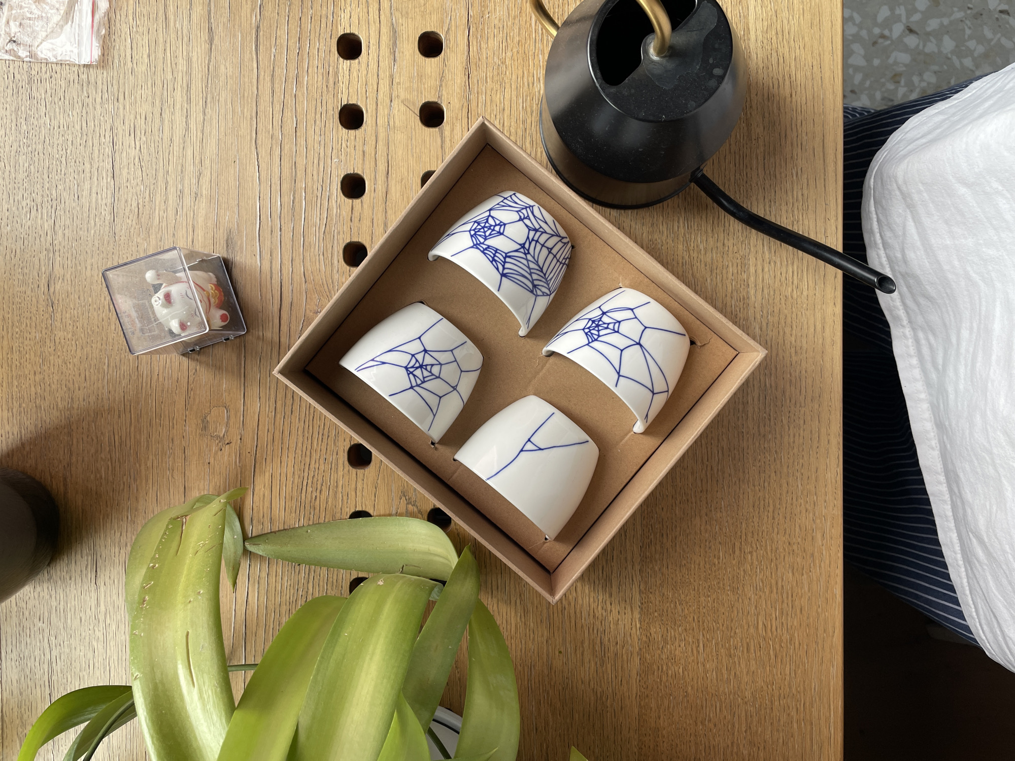 The image shows a wooden surface with various objects. There's a small plastic box containing a toy, a black watering can with a long, curved spout, and a square cardboard box containing four white ceramic cups with blue spiderweb designs. A green plant with long, broad leaves is also present. In the background, there's a partially visible white fabric with blue stripes. The location in the city of Unknown, Unknown is unknown.