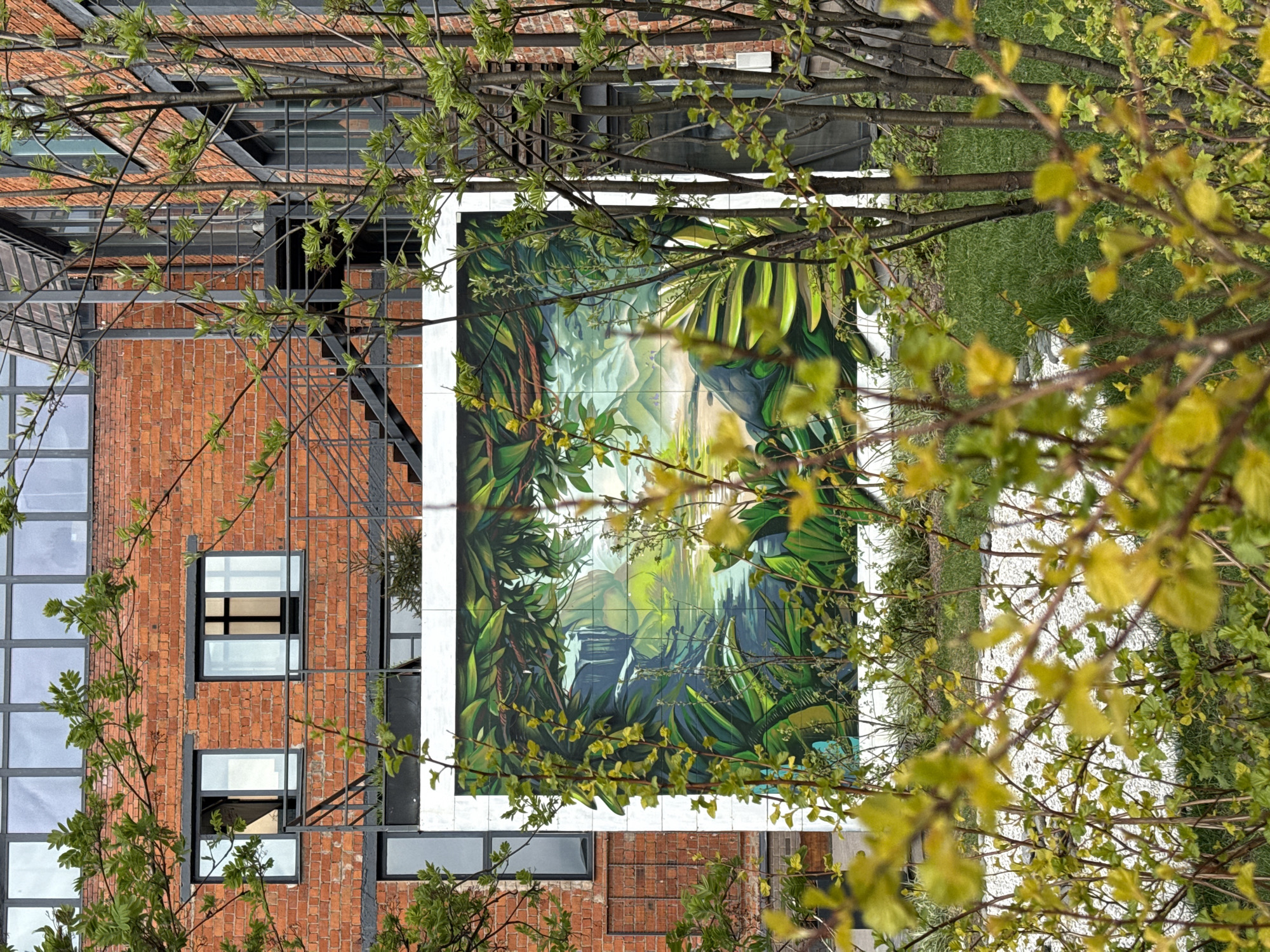 The image presents an outdoor scene featuring a multi-story red brick building adorned with a large mural, partially viewed through the branches of trees. The building, on the left, exhibits traditional red brickwork combined with modern elements like numerous windows with black frames, some reflecting the sky. Black metal staircases and railings are visible on its exterior, suggesting an industrial or renovated architectural style.
A prominent, rectangular mural is painted on a large panel set into the brick wall. This vibrant artwork depicts a lush jungle or tropical forest landscape, rendered with various shades of green foliage, prominent tree trunks, and hints of a distant, lighter-hued landscape, possibly mountains or water. The mural is bordered by a clean white frame.
The foreground and right side of the image are dominated by trees, their branches and newly unfurled, bright green leaves forming a natural canopy that partially obscures the building and the mural. The fresh leaves indicate springtime. Below the trees, patches of green grass and lighter, possibly paved or gravel, ground areas are visible.
The scene is captured during daytime under bright, even lighting. No specific activity or event is taking place; it is a static urban landscape. The overall impression is one of nature intersecting with urban architecture and art. There is no visible text within the image. The location is Moscow, Russia.
