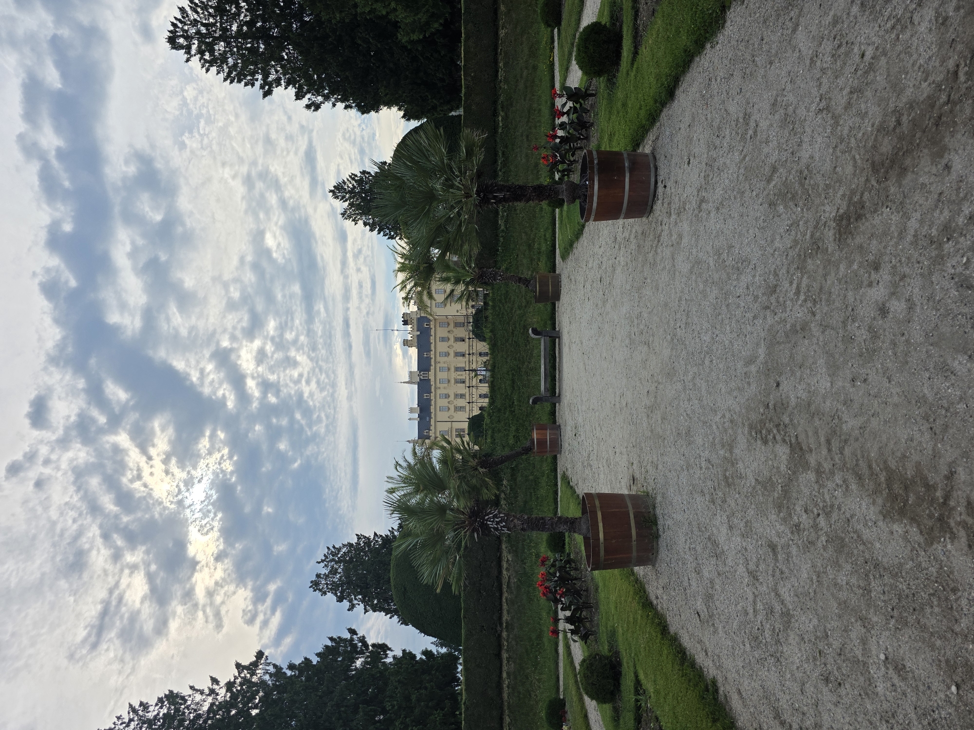 The image depicts a park scene in Lednice, Czechia, with a grand yellow building in the background. The foreground features a gravel pathway lined with manicured grass and bushes. Two potted palm trees stand prominently on either side of the pathway, adding a touch of exoticism. In the middle ground, a bench is visible, suggesting a place for visitors to rest and admire the scenery. The sky above is partially cloudy, with sunlight peeking through the clouds, creating a serene and atmospheric mood. The architectural style of the building and the landscaping suggest a historical estate or palace.