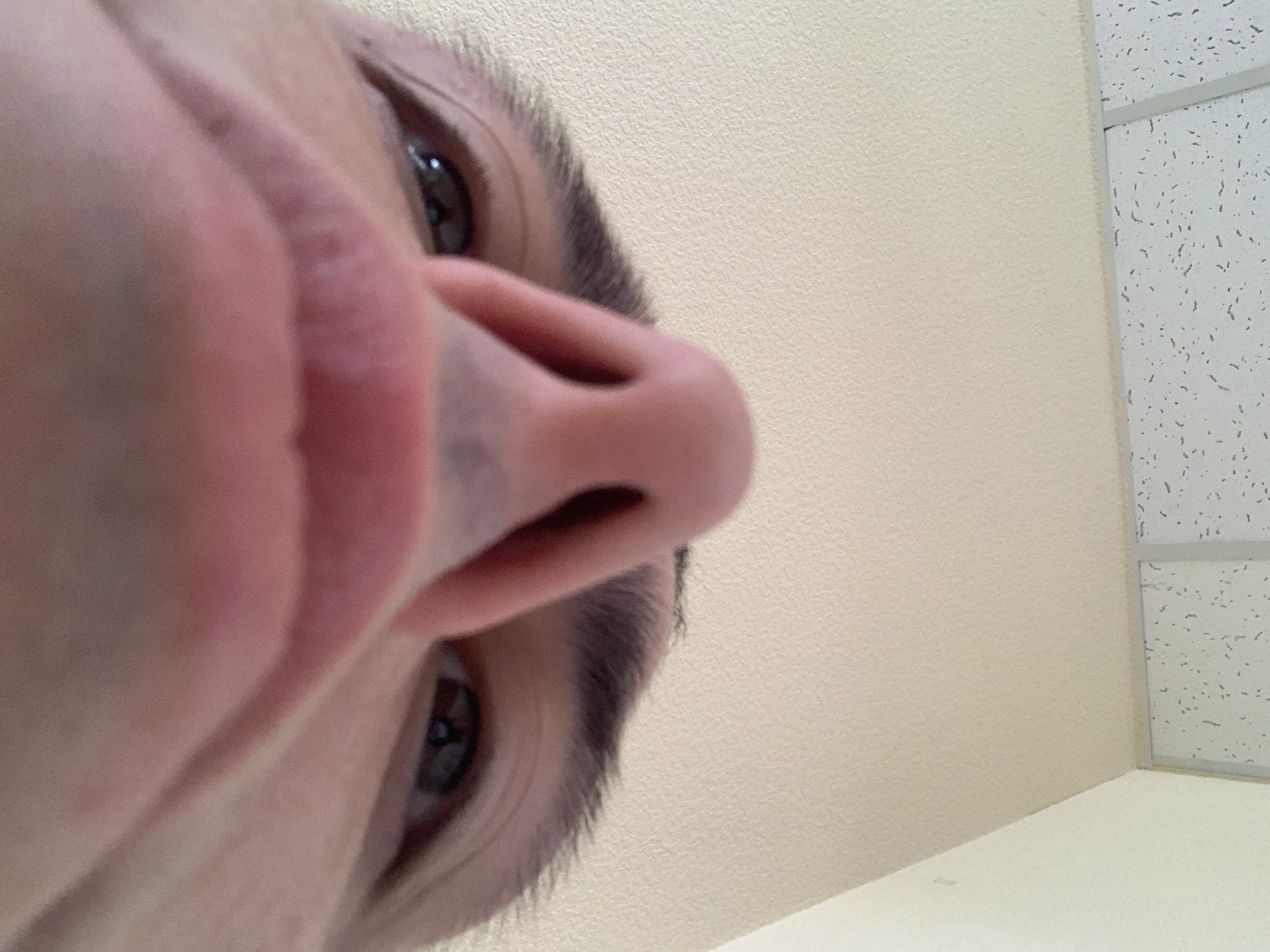 The image is a close-up, low-angle shot of a person's face, focusing on their nose and eyes. The perspective suggests the photo was taken from below, looking upwards towards the subject. The background consists of a textured light-colored wall and a portion of a white drop ceiling with visible tiles and grid lines. The lighting appears to be artificial, casting a soft illumination on the subject's face. There are no other people, objects, or actions depicted in the image besides the facial features of the individual. The location is unknown.