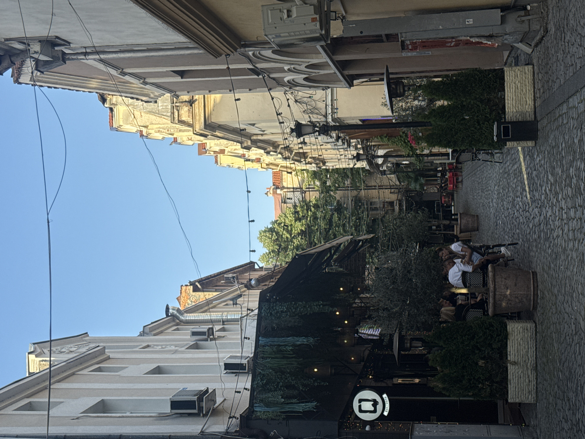 The image captures a street scene in Plovdiv, Bulgaria, characterized by a narrow cobblestone pedestrian zone lined with buildings of varying architectural styles. The sky is clear and blue, suggesting a sunny day.
On the right side of the street, several individuals are seated at outdoor tables, presumably at a cafe or restaurant, engaging in conversation and relaxation. The tables are spaced among large potted plants and shrubs.
The buildings lining the street exhibit different facades, with some displaying ornate detailing and arched windows, while others have a more modern, streamlined appearance with visible air conditioning units. The lighting is provided by strung bulbs overhead and lampposts along the street.
The overall impression is of a vibrant, urban environment, where people are enjoying the pleasant weather and the amenities offered by the establishments lining the street.