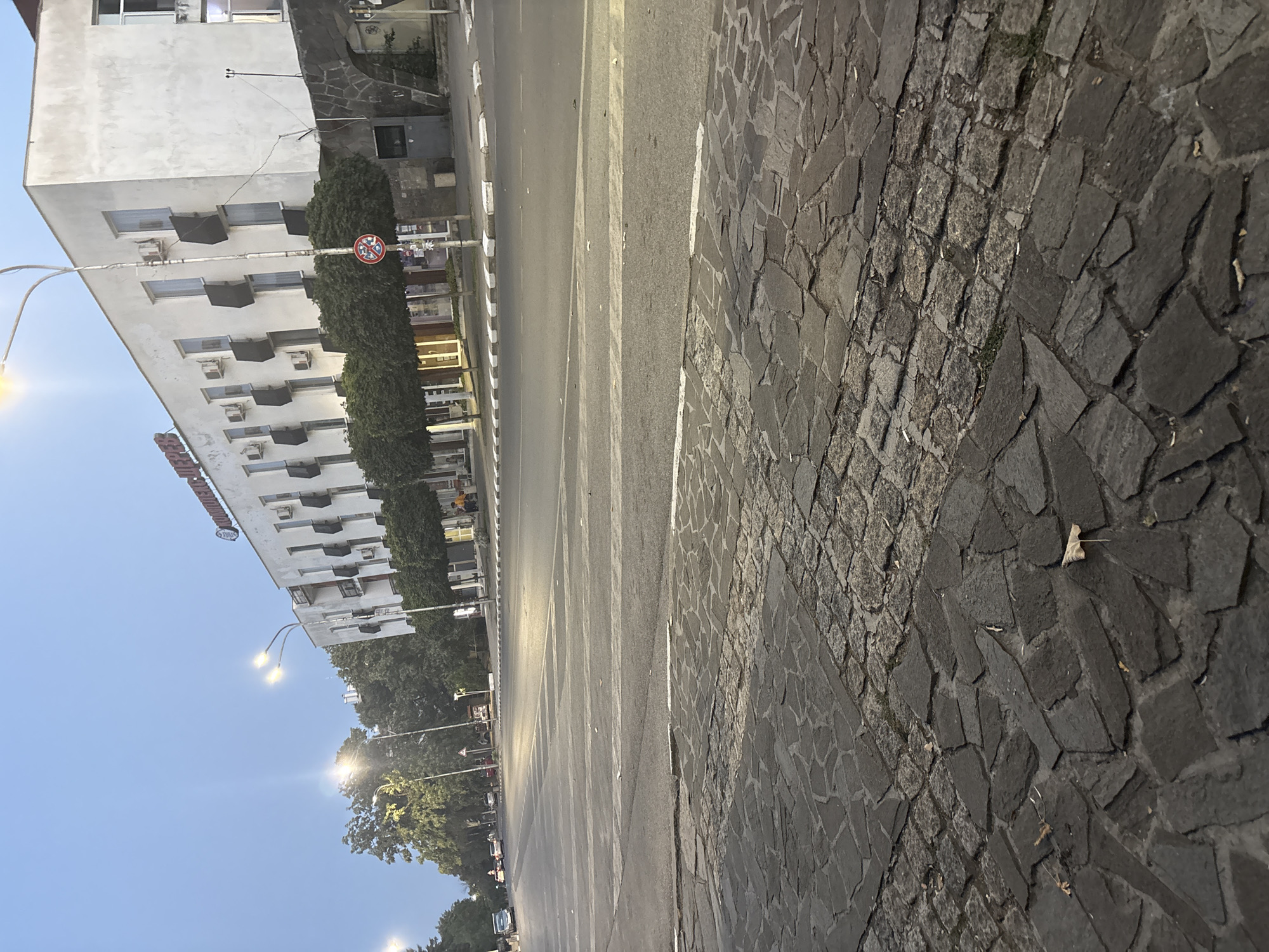 The image depicts a street scene in Sopot, Bulgaria, likely during the early evening or twilight hours. In the foreground, a textured stone pavement is visible, with irregularly shaped dark grey stones laid out. This pavement transitions to a paved road with white pedestrian crossing markings.
The road stretches into the distance, flanked by a row of neatly trimmed, spherical trees. Behind the trees stands a multi-story white building with numerous windows and air conditioning units on its facade. A red sign with text, possibly a hotel or business name, is mounted above the building's entrance. Several streetlights illuminate the scene. A traffic sign prohibiting parking is also visible near the building.
Further down the road, a few cars are visible, indicating ongoing traffic. The sky above is a dusky blue. The overall impression is of an urban environment preparing for the night.