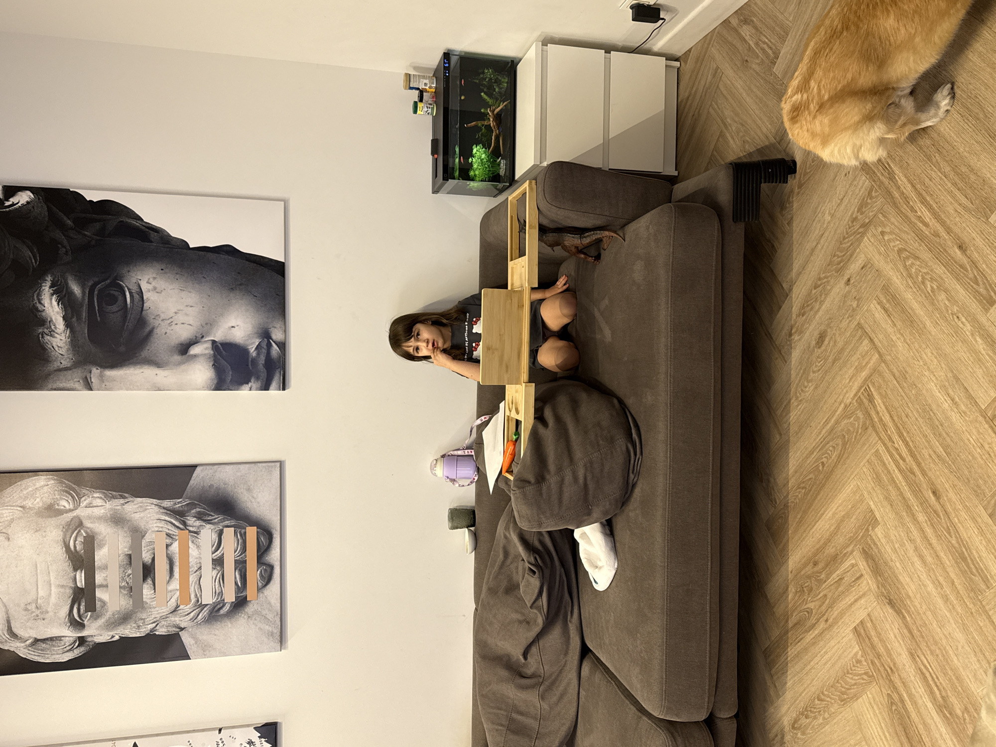 A girl sits on a brown couch in a room with light wood herringbone floors. A brown dog is visible in the upper right corner. A fish tank sits on a white cabinet near the couch. A wooden desk stands over the couch. Two gray canvas prints hang on the wall, depicting classical busts. The location is likely a private residence. There is no information to place this in Krasnoyarsk, Russia.