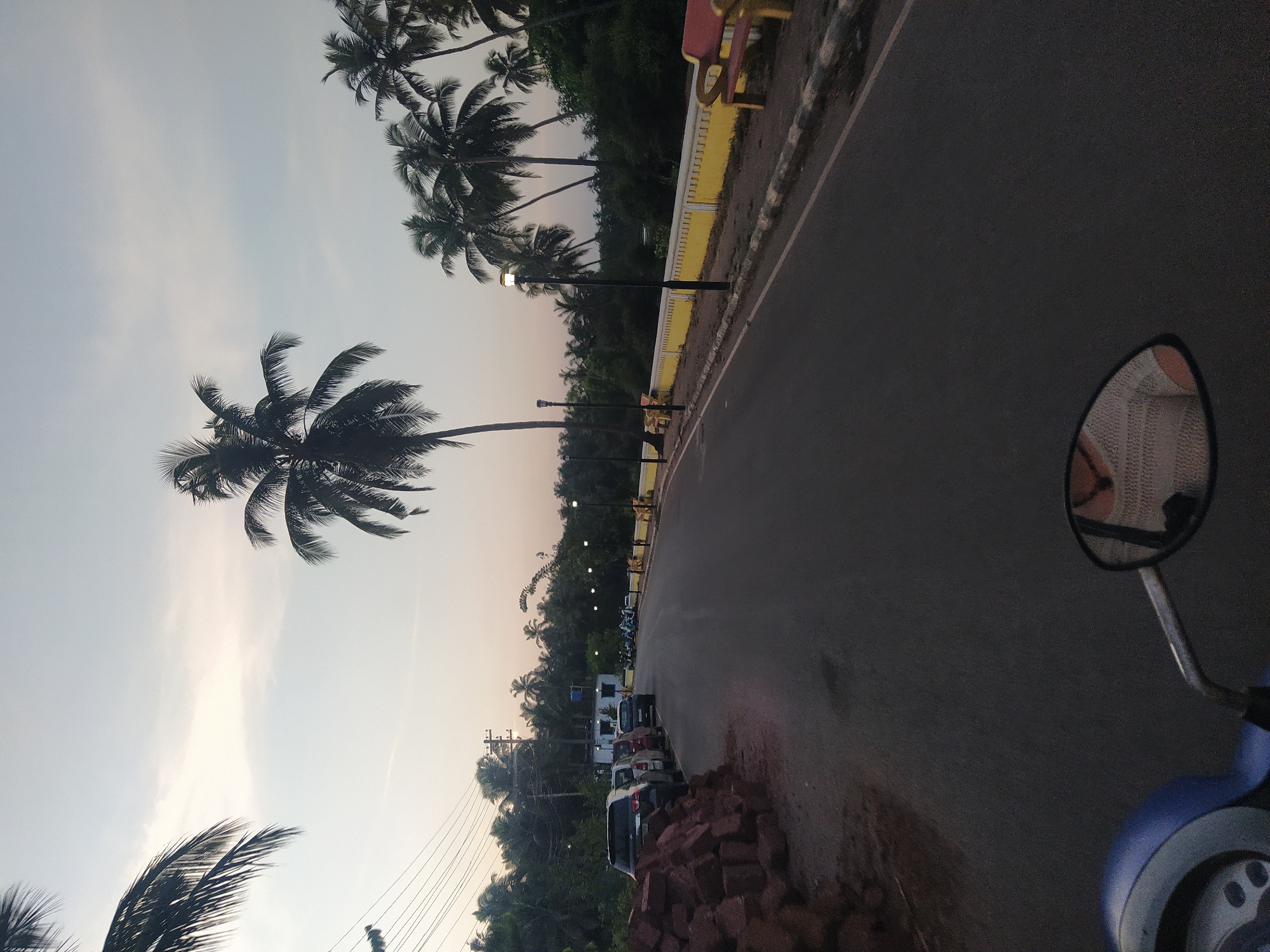 The image depicts a scene on a road in Marna, India. Palm trees line one side of the road, and a low yellow and white barrier runs along the edge. Street lamps are positioned intermittently along the road. Several cars are parked along the road's edge. In the foreground, there's a pile of reddish-brown bricks. A side mirror and the front portion of a blue scooter are visible on the right, suggesting the image was taken from the perspective of someone on the scooter. The sky is visible above the trees, with the light suggesting it is dusk or dawn.