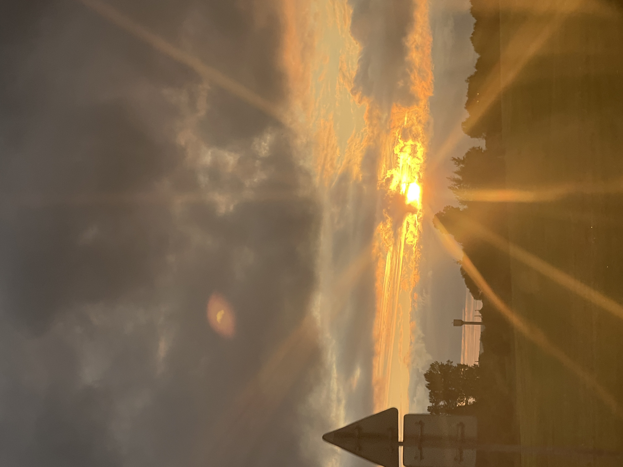 This is a photograph taken during sunset over a rural landscape in the vicinity of Шапечынскі сельскі Савет, Belarus. The sky is dominated by dramatic clouds, with the setting sun breaking through, casting golden rays of light downwards. These sunbeams are a prominent feature of the image, illuminating the landscape with a warm, diffused glow. In the foreground, to the left, a triangular road sign with white markings is visible. Further in the background, silhouetted trees form a line along the horizon, with a tall, slender structure, possibly a water tower, standing out amongst them. The lower portion of the image depicts a grassy field, also bathed in the sunset's light. The overall atmosphere is serene and evocative of an evening in the Belarusian countryside.