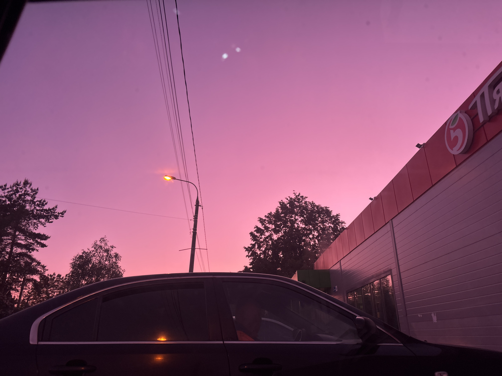 A low-angle shot through a car window reveals a pink-hued scene at dusk in Zaprudnya, Russia. The car's dark exterior is prominent. Outside, the logo of a Pyaterochka grocery store is partially visible on the building to the right. Utility poles with wires run across the sky. A streetlight illuminates the scene. Trees are silhouetted against the pink sky. The car is parked or stopped; a person is possibly inside.