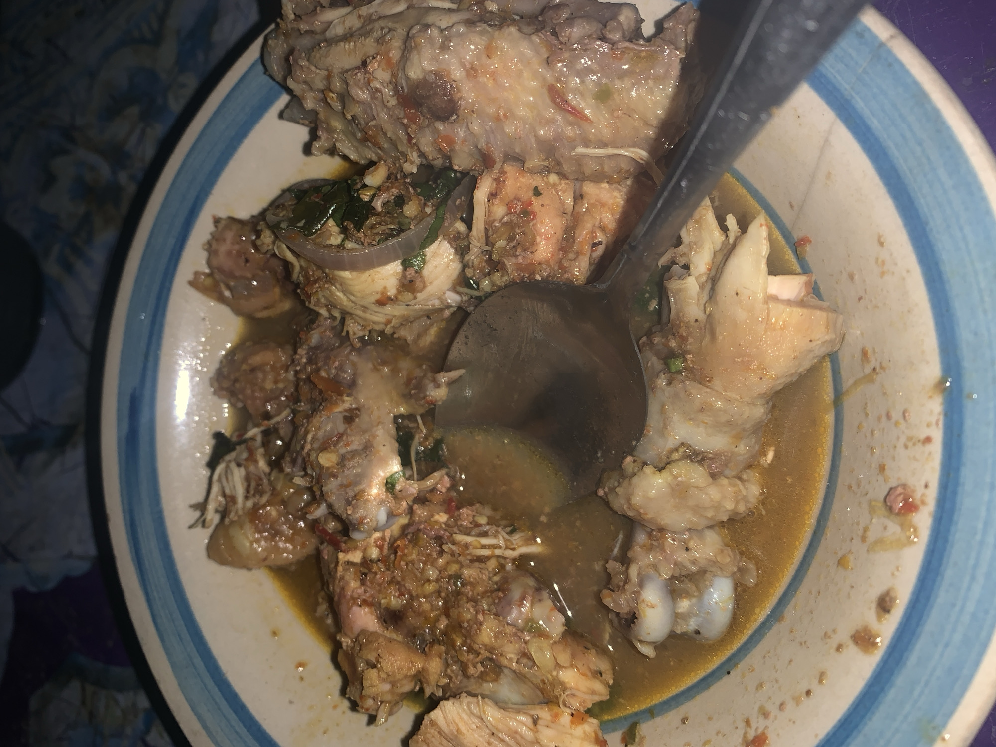 A close-up image displays a ceramic bowl containing a meat-based stew or soup, situated in New Stadium, Nigeria. The bowl features a white interior with a blue striped rim. Inside, multiple pieces of cooked poultry, appearing to be chicken, are submerged in a yellowish-brown broth. The chicken pieces include bone and skin, coated with a coarse, reddish-orange sauce containing visible flecks of red chili, minced aromatics, and green leafy herbs. Distinct thin slices of red onion are also present within the dish. A silver-colored metal spoon with a dark handle is partially submerged in the food, resting among the meat and broth. The background is dark and out of focus, suggesting an indoor setting with low ambient light, showing vague textile patterns. No individuals are visible in the frame.