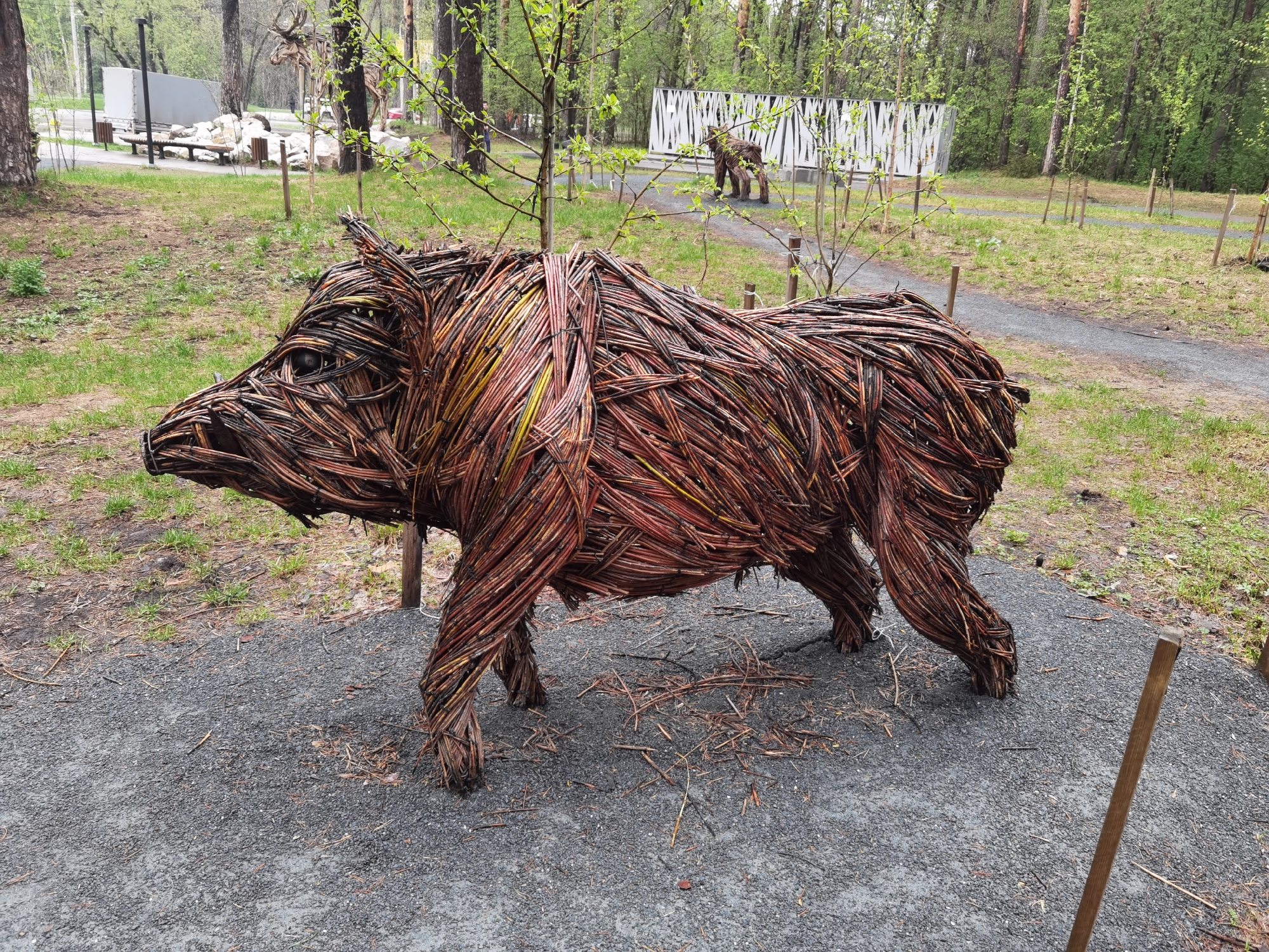 Here's a description of the image:
The image shows a life-sized sculpture of a wild boar made of woven branches. The sculpture stands on a bed of small, dark gravel.
In the background, there is a park setting with trees, grass, and a white architectural structure with vertical slats. Another similar animal sculpture, likely a bear, is visible behind the white structure. A walking path winds through the park. The scene suggests an outdoor art installation or a sculpture garden. The city of Perm, Russia is identified as the location.